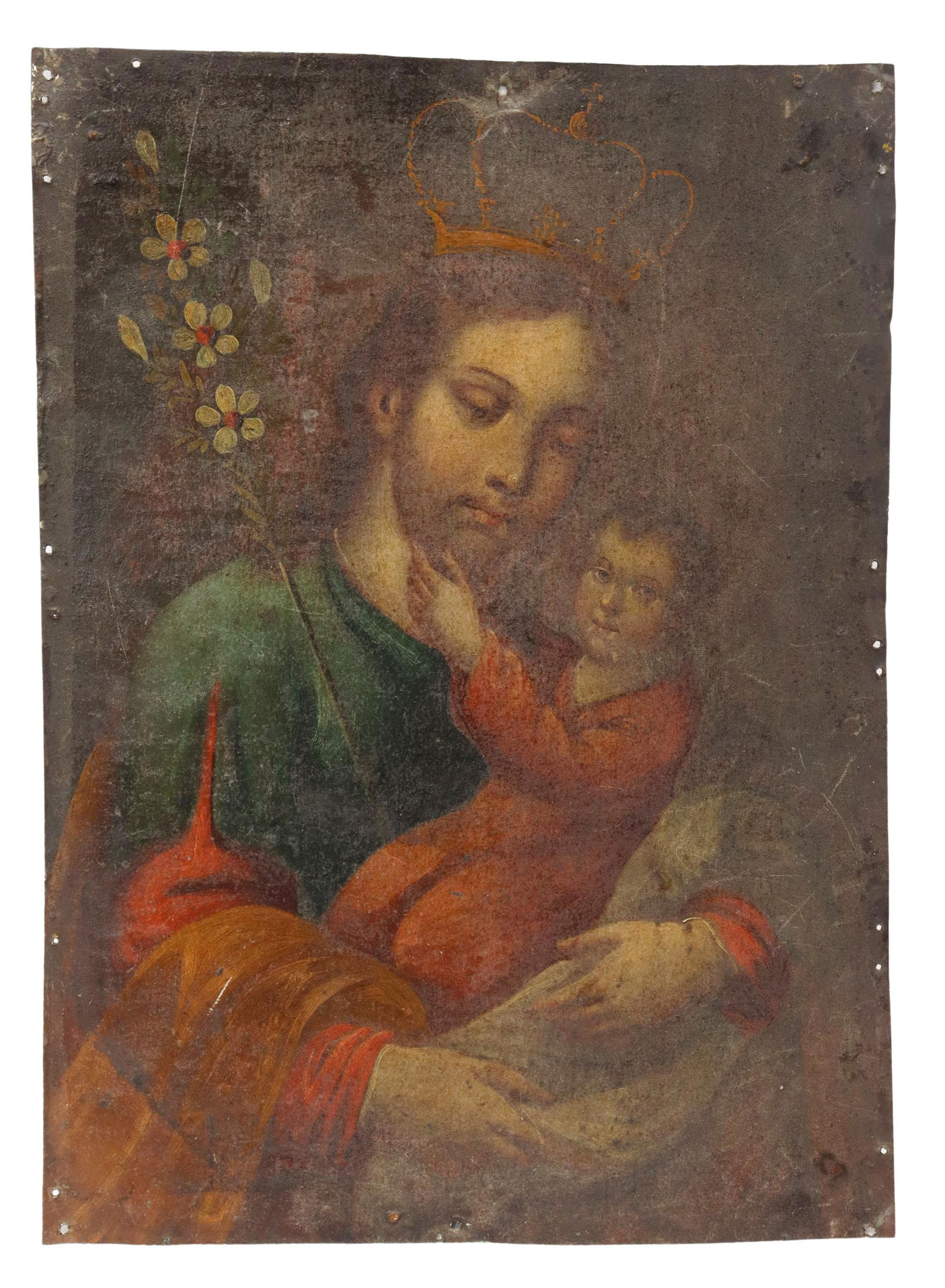 OIL ON TIN RETABLO, SAINT JOSEPH & CHRIST, MEXICO: Unframed oil on tin retablo, Mexico, San Jose (Saint Joseph), depicted wearing a golden crown, in a green robe with yellow mantle, staff of flowers, holding the Christ Child dressed in red, overall: 1