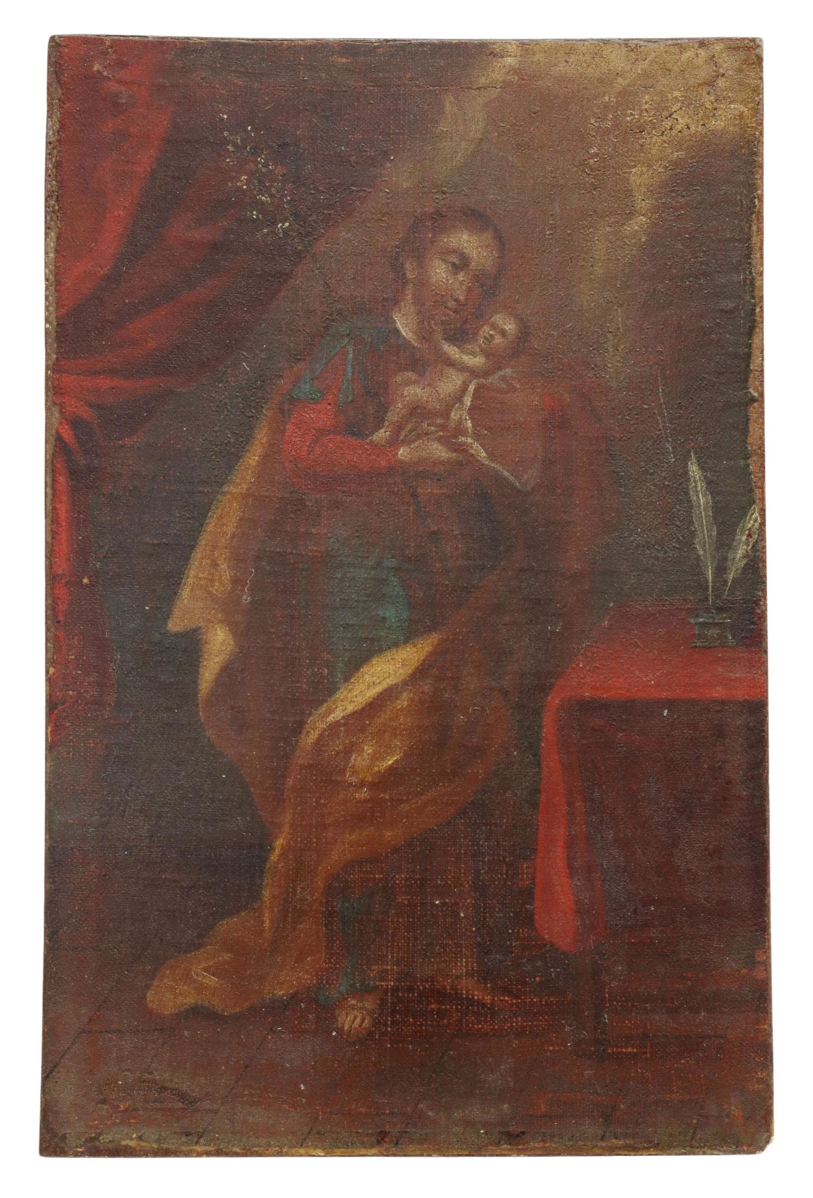 RELIGIOUS OIL PAINTING ST ANTHONY & CHRIST CHILD: Unframed oil on canvas painting, now laid on Masonite, Saint Anthony of Padua and Christ Child, with quill and inkwell on table, unsigned, overall: approx 14.25"h, 9.25"w, 0.75lbs Start Price: $150.00