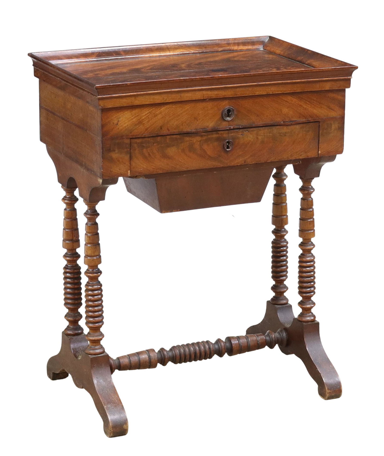 FRENCH LOUIS PHILIPPE MAHOGANY TRAVAILLEUSE TABLE: French Louis Philippe period mahogany sewing/ work table, mid 19th c., rectangular tray top, opening to sectioned interior with mirror plate, single drawer over extending basket, on stretcher-joined t