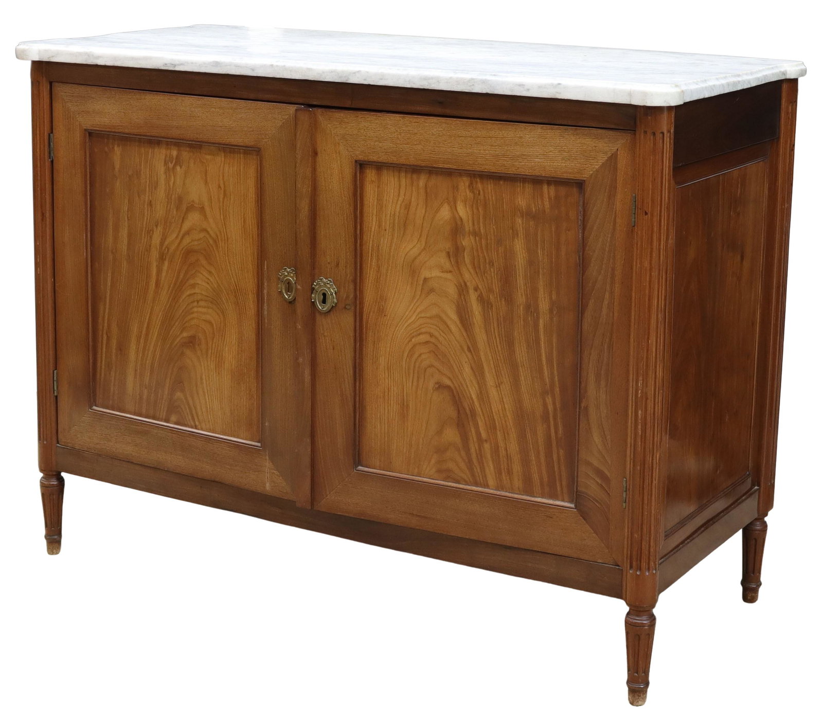 FRENCH LOUIS XVI STYLE MARBLE-TOP SIDEBOARD: French Louis XVI style sideboard, 19th c., having a marble top over two doors, opening to the shelved interior, flanking ribbed half columns, descending to tapered legs, approx 40"h, 53.5"w, 23.25"d S