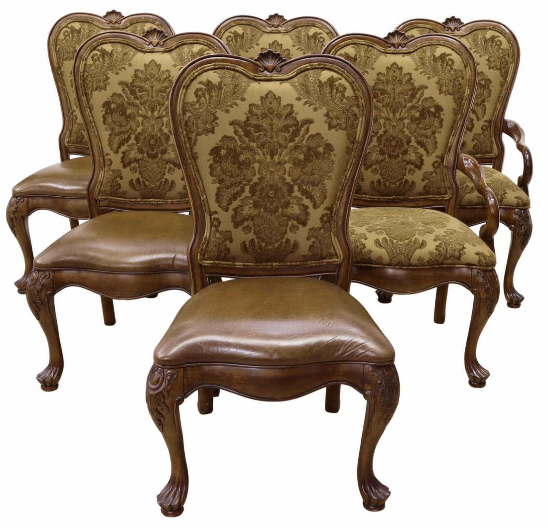 (6) THOMASVILLE LEATHER-SEAT DINING CHAIRS: (lot of 6) Upholstered dining chairs, Thomasville Furniture, late 20th c., having shell carved crest, upholstered back, side chairs with leather seat, rising on cabriole legs with foliate carved knees