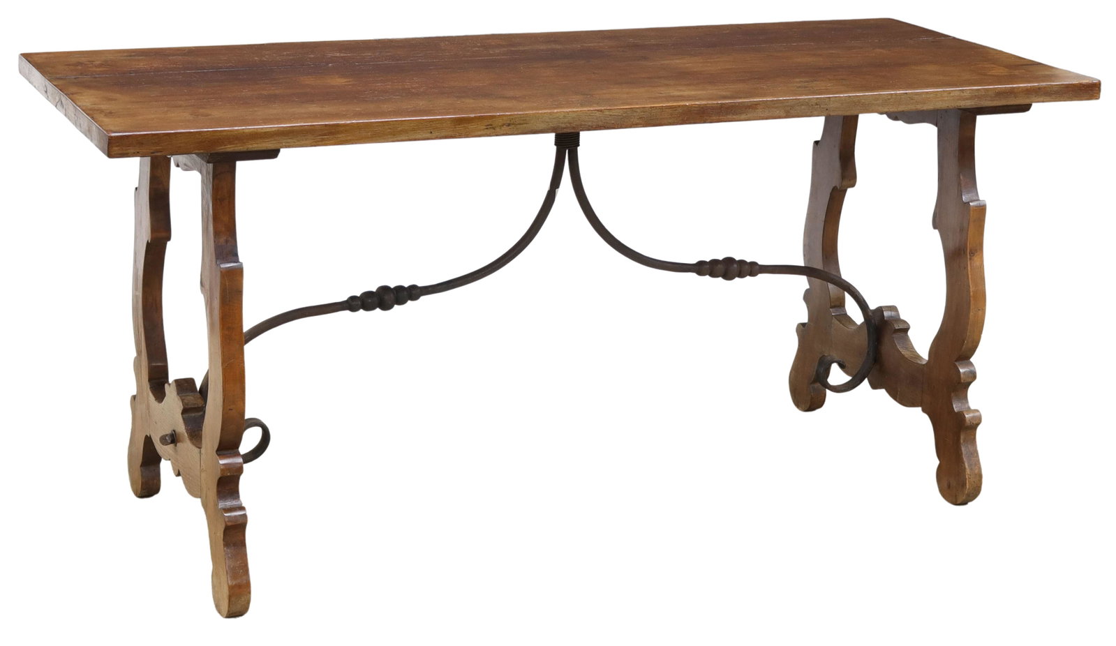 SPANISH BAROQUE STYLE OAK TABLE IRON STRETCHERS: Spanish Baroque style oak table, early 20th c., three-board tabletop, rising on ox yoke shaped supports, joined by wrought iron cross stretchers, approx 31"h, 68"w, 26.5"d Start Price: $400.00