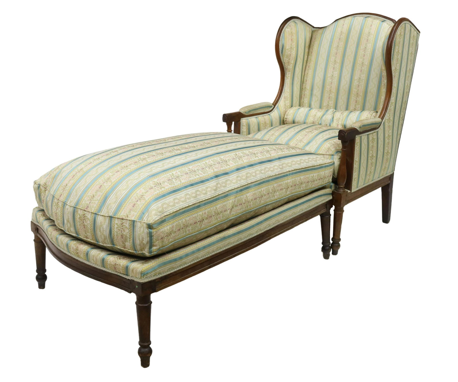 (2) FRENCH LOUIS XVI STYLE WALNUT DUCHESSE BRISSE: (2 pieces) French Louis XVI style walnut Duchesse Brisse, late 19th c., comprising: (1) wingback bergere, having padded back, seat, and arms, upholstered in striped floral pattern, with loose seat cus