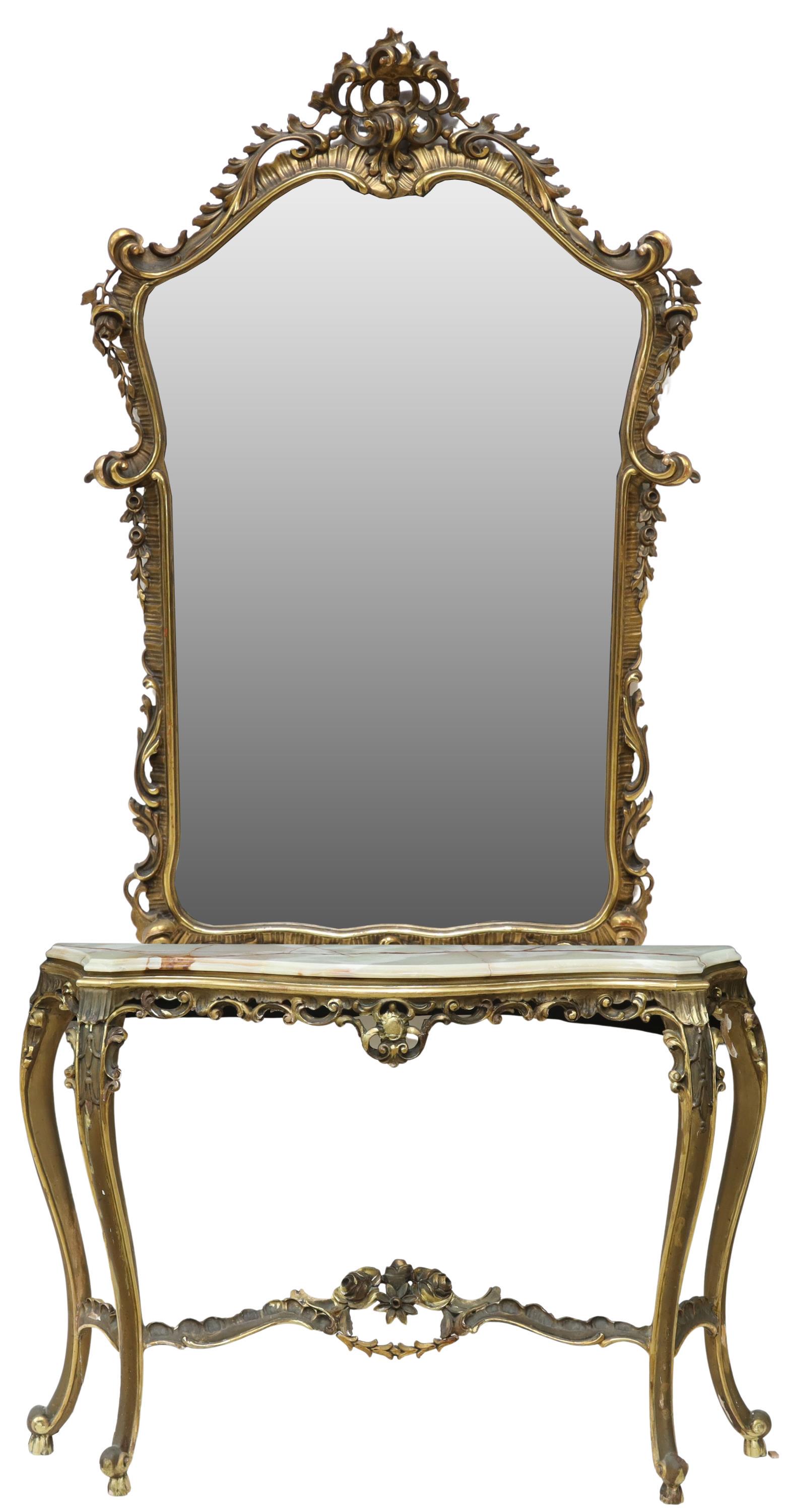 LOUIS XV STYLE ONYX-TOP GILT CONSOLE & MIRROR: Louis XV style console table and mirror, mid 20th c., scrolling foliate frame with rocaille crest, centering a flat mirror plate, over table with shaped onyx top, rising on cabriole legs, joined by cr