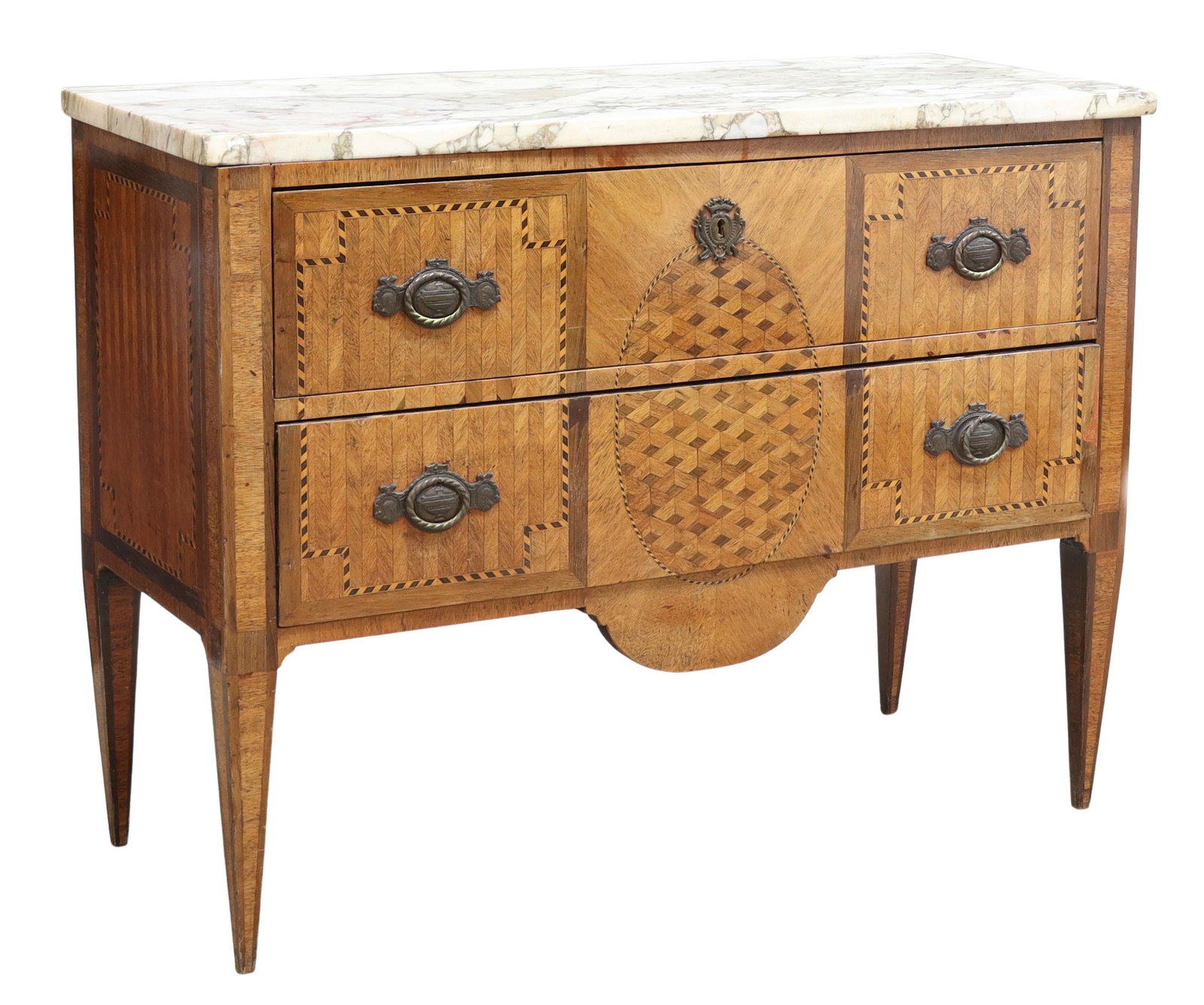 LOUIS XVI STYLE MARBLE-TOP PARQUETRY COMMODE: French Louis XVI style parquetry commode, 19th c., rectangular marble top, over matched veneer case fitted with two drawers, rising on tapered legs, fill restoration and veneer loss to second drawer,