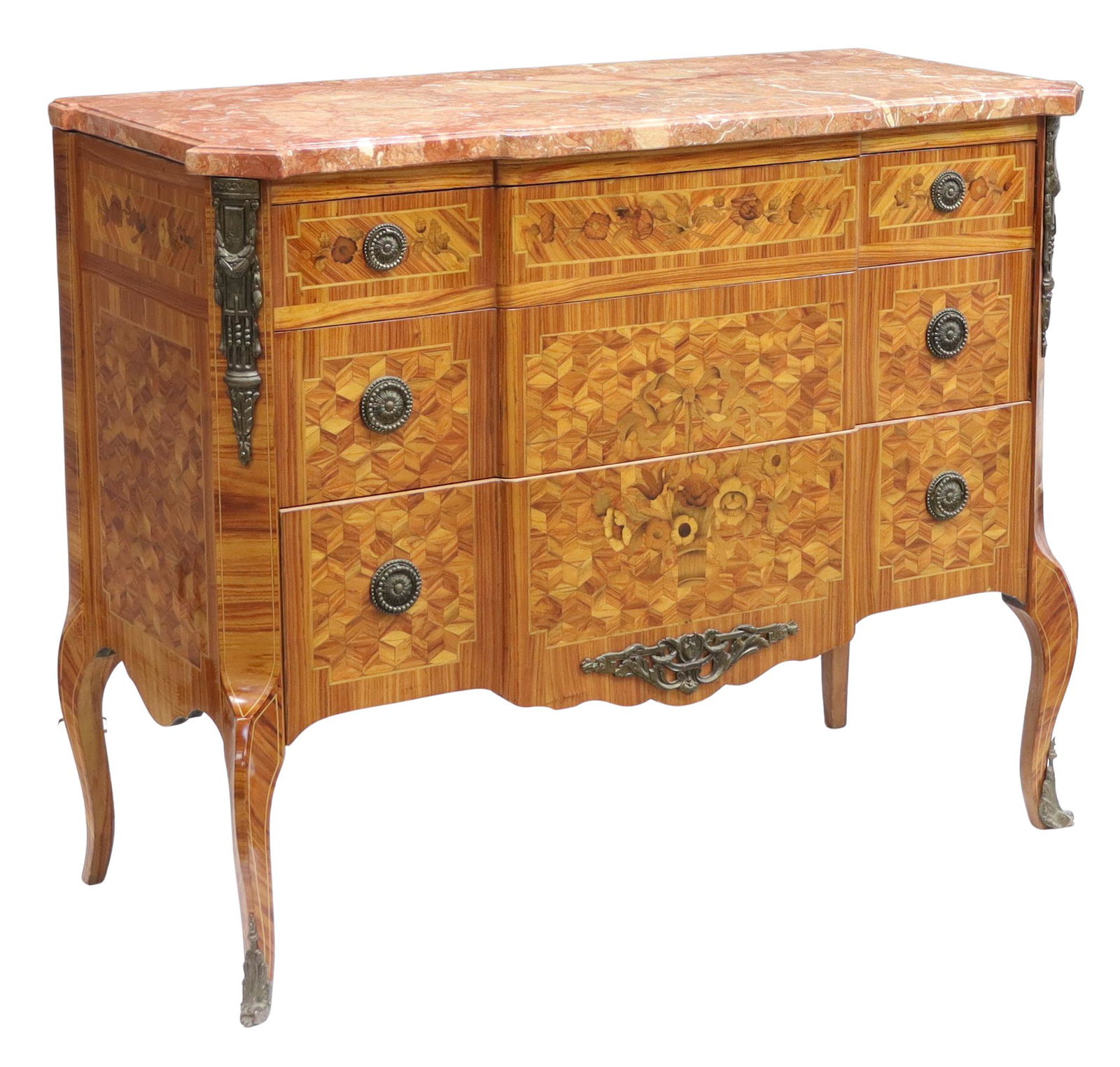 LOUIS XV STYLE MARBLE-TOP MARQUETRY COMMODE: Italian Louis XV style marquetry and parquetry commode, 20th c., having a marble top over three drawers, rising on cabriole legs with ormolu accents, Genoa tag at back, approx 35.5"h, 44"w, 19.5"d Sta