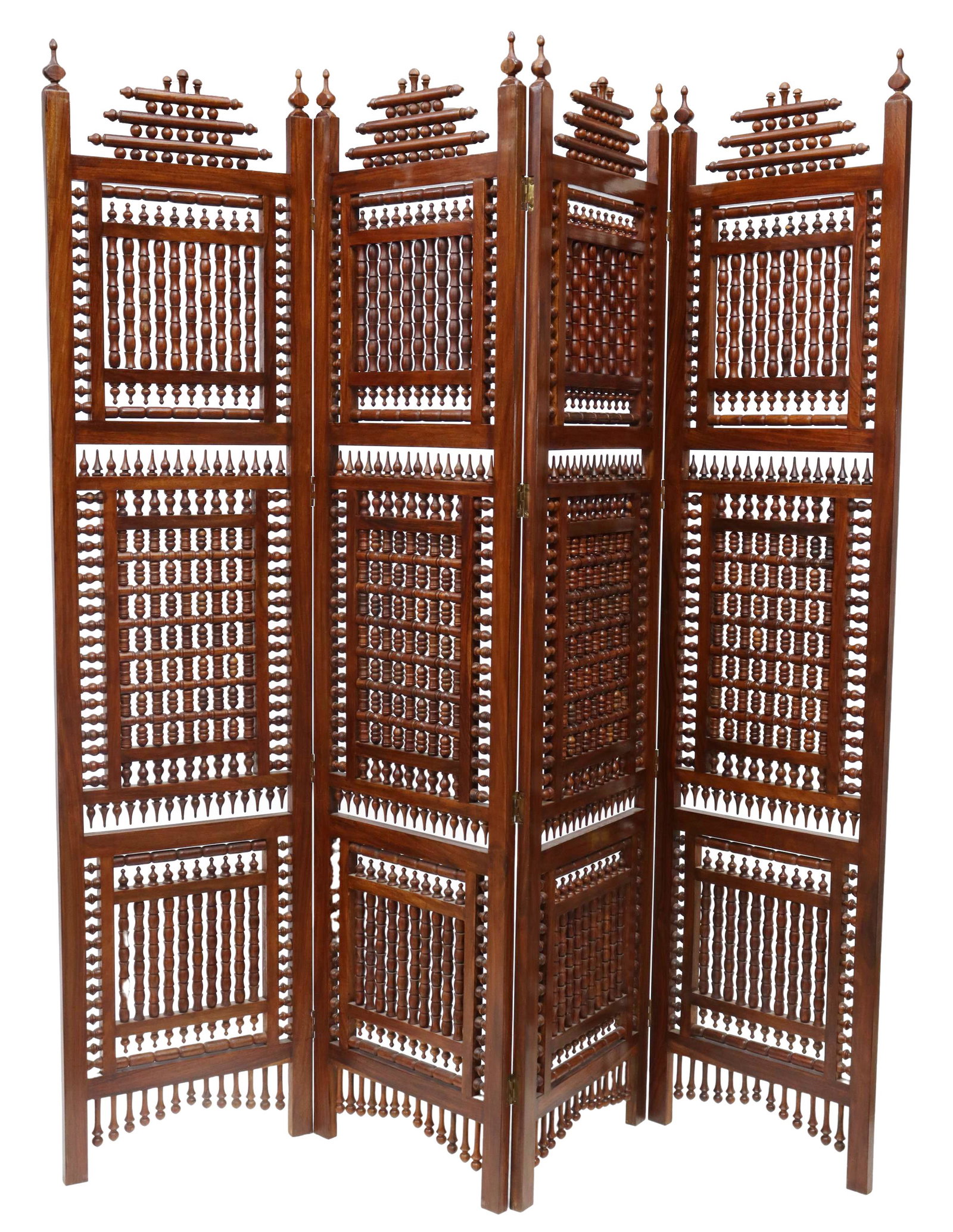 MIDDLE EASTERN MASHRABIYA FOUR-PANEL FLOOR SCREEN: Middle Eastern mashrabiya folding screen, having four hardwood hinged panels, fitted with spindles in an interwoven design, tops accented with finials and stacked bead crests, rising on block legs, ap