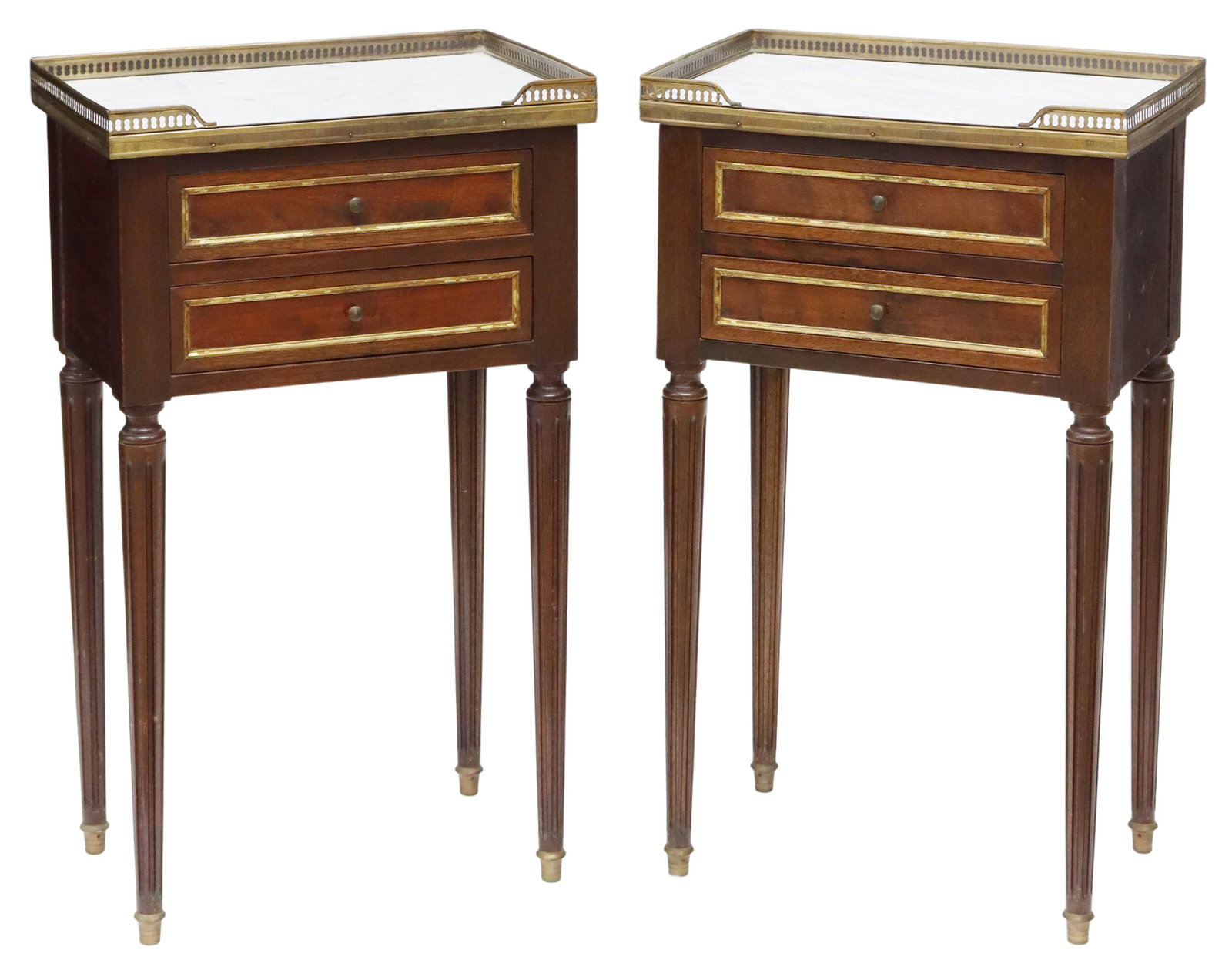 (2) FRENCH LOUIS XVI STYLE MARBLE-TOP NIGHTSTANDS: (pair) French Louis XVI style marble-top mahogany nightstands, early 20th c., having pierced gilt metal gallery, over two drawers, rising on fluted tapered legs, approx 26.25"h, 15.5"w, 10.25"d Start 