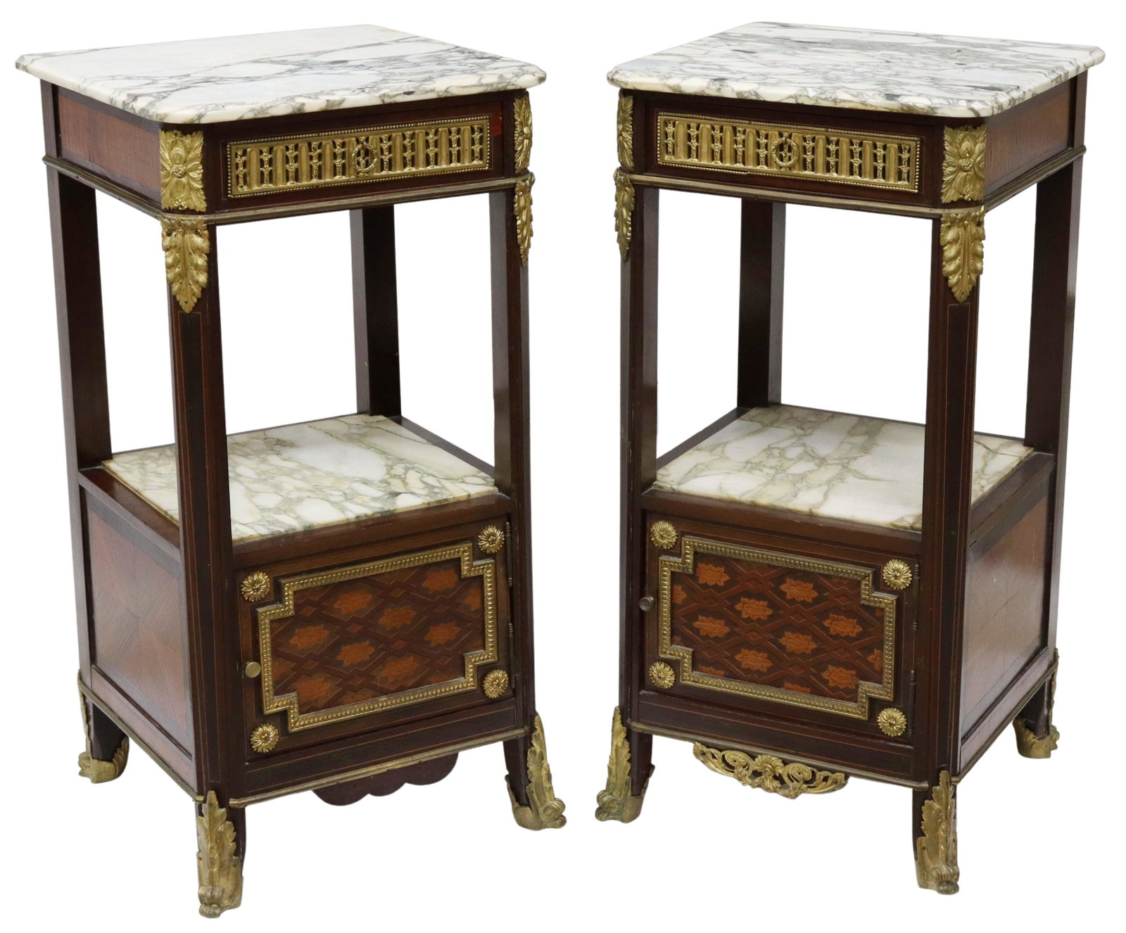 2)LOUIS XVI STYLE MARBLE-TOP MARQUETRY NIGHTSTANDS: (pair) French Louis XVI style mahogany nightstands, 19th c., with gilt ormolu mounts, having square marble top over single drawer, medial shelf and marquetry cabinet door, opening to marble-lined inte