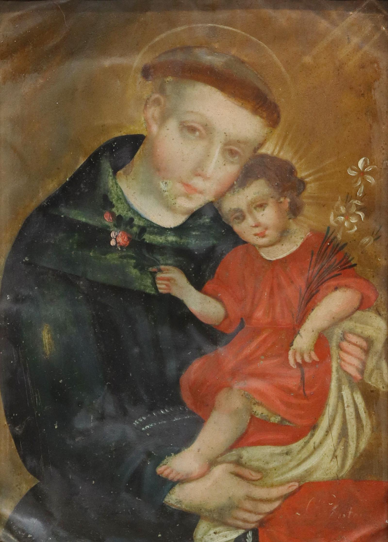 OIL ON TIN RETABLO, SAINT ANTHONY, MEXICO: Framed oil on tin retablo, Mexico, San Antonio de Padua (Saint Anthony of Padua), depicted in Franciscan habit, holding the Christ child with white lilies, sight: 13.25"h, 9.25"w, overall: 19.5"h, 15.