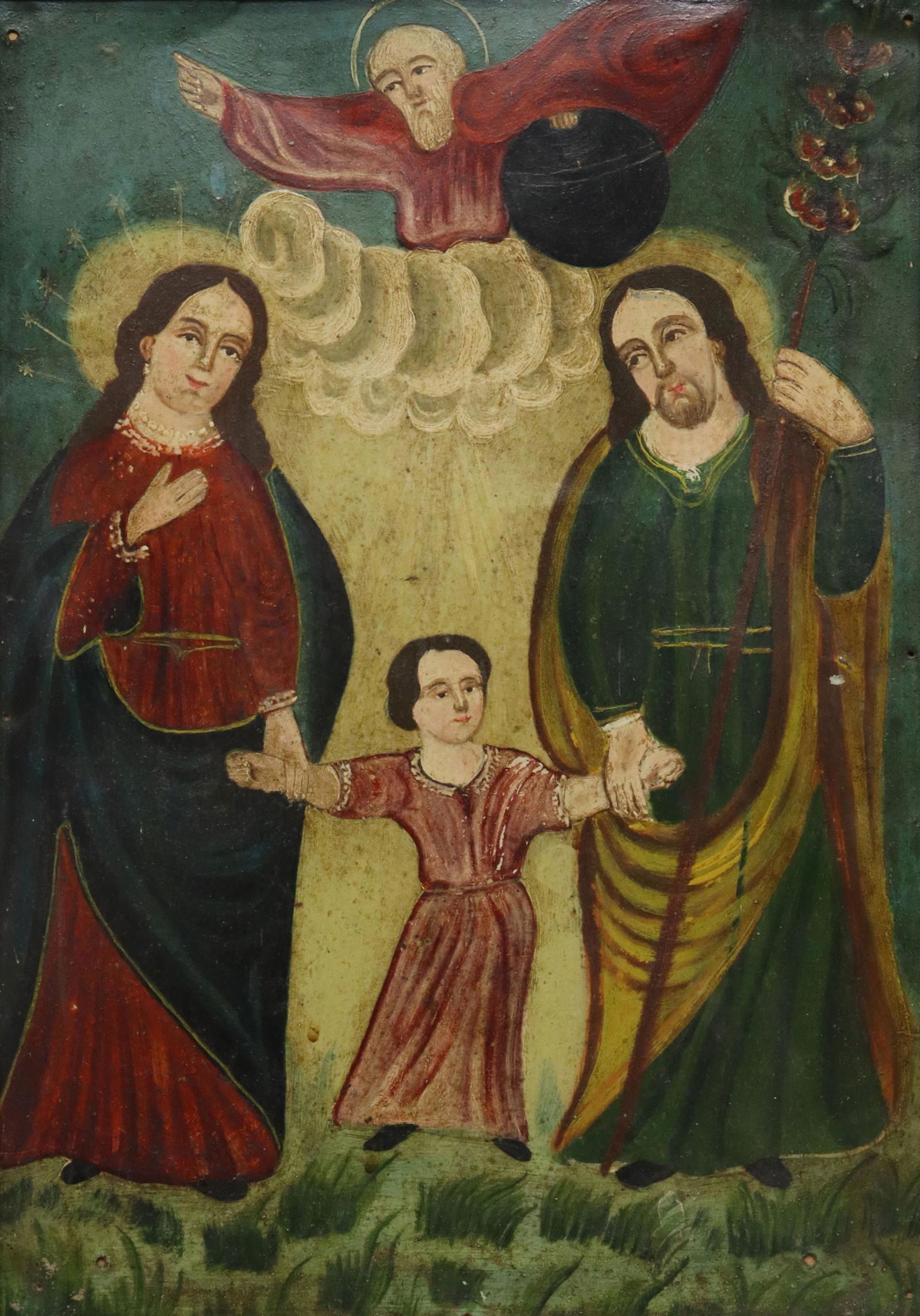 OIL ON TIN RETABLO, THE HOLY FAMILY, MEXICO: Framed oil on tin retablo, Mexico, La Sagrada Familia (The Holy Family), depicting the Virgin Mary in a blue mantle over a red gown, God the Father above Christ Child, Saint Joseph holding a staff of