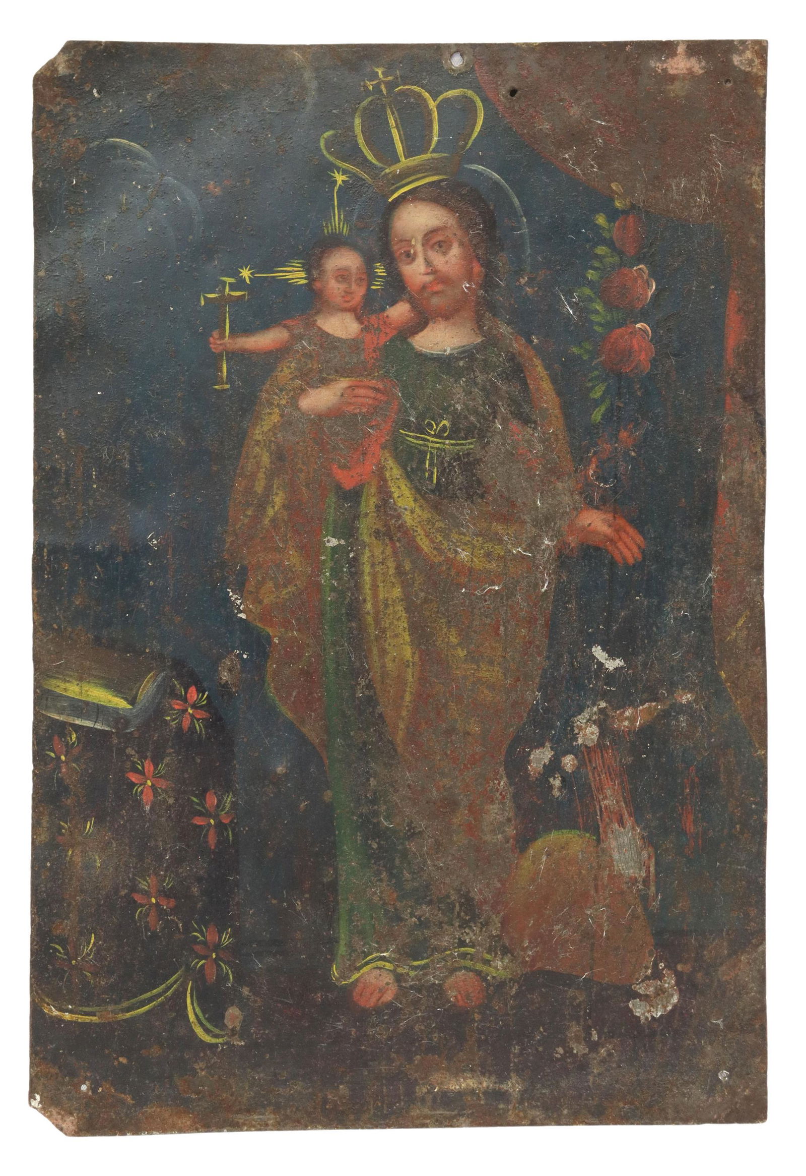 OIL ON TIN RETABLO, SAINT JOSEPH & CHRIST, MEXICO: Unframed oil on tin retablo, Mexico, San Jose (Saint Joseph), depicted wearing a golden crown, in a green robe with yellow mantle, staff of hollyhocks, holding the Christ Child, overall: 10"h, 7"w, 0.