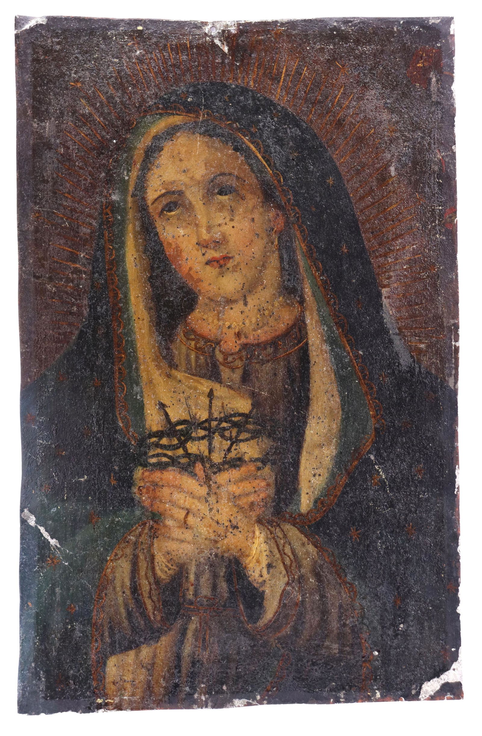 OIL ON TIN RETABLO, OUR LADY OF SORROWS, MEXICO: Unframed oil on tin retablo, Mexico, Nuestra Senora de los Dolores (Our Lady of Sorrows), depicting the Virgin Mary in dark blue mantle, radiating halo with stars and rays of light, clasping the crown