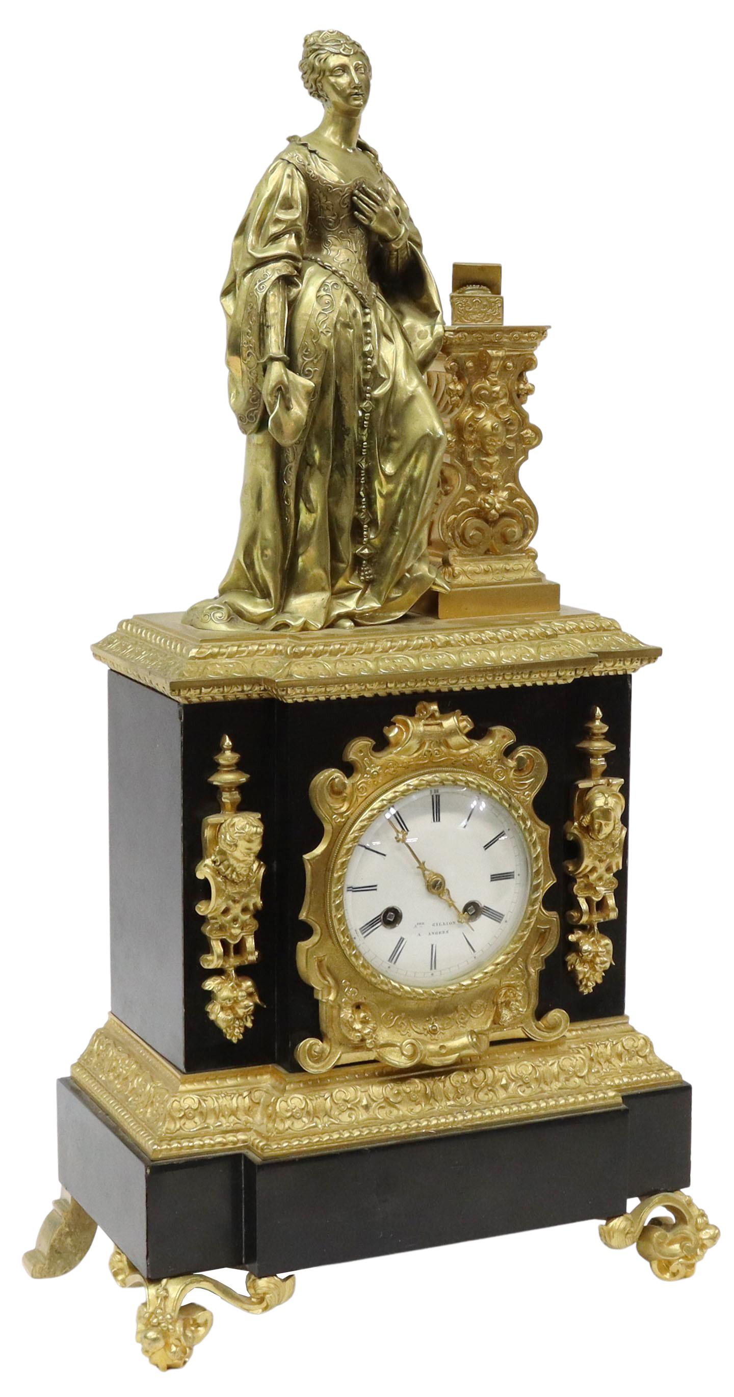 FRENCH FIGURAL BRONZE PANDORA MANTEL SHELF CLOCK: French mantel shelf clock, mid 19th c., black slate case, with gilt bronze mounts, figural topper of Pandora, white enamel dial with black Roman numerals, dial signed Aphe Gillion a Angers, time-and-s
