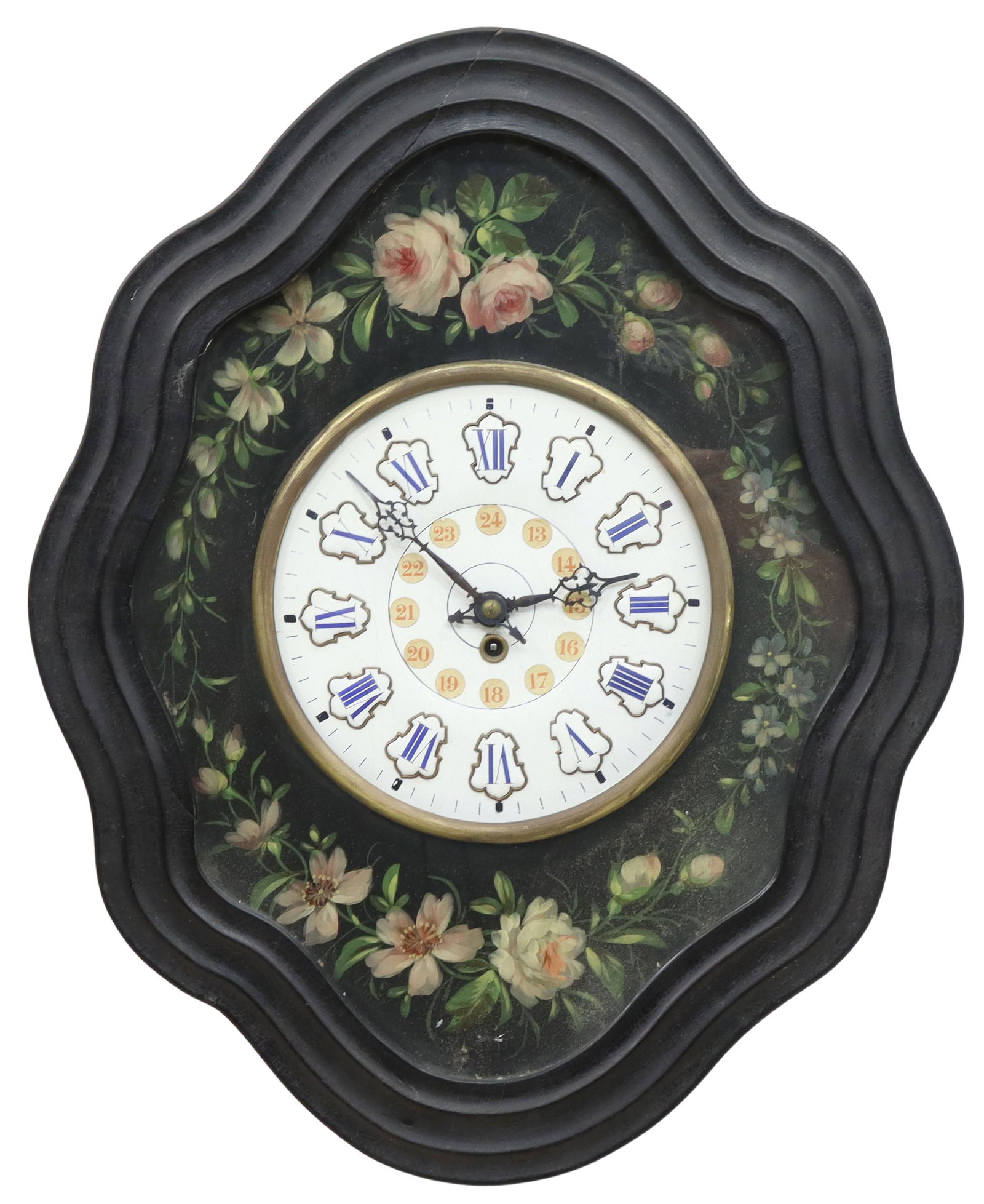 FRENCH NAPOLEON III PERIOD EBONIZED WALL CLOCK: French Napoleon III period wall clock, mid 19th c., ebonized frame with floral-painted surround, glazed door with top hinge, enameled dial, Roman numerals in raised cartouches, time-only movement, ret