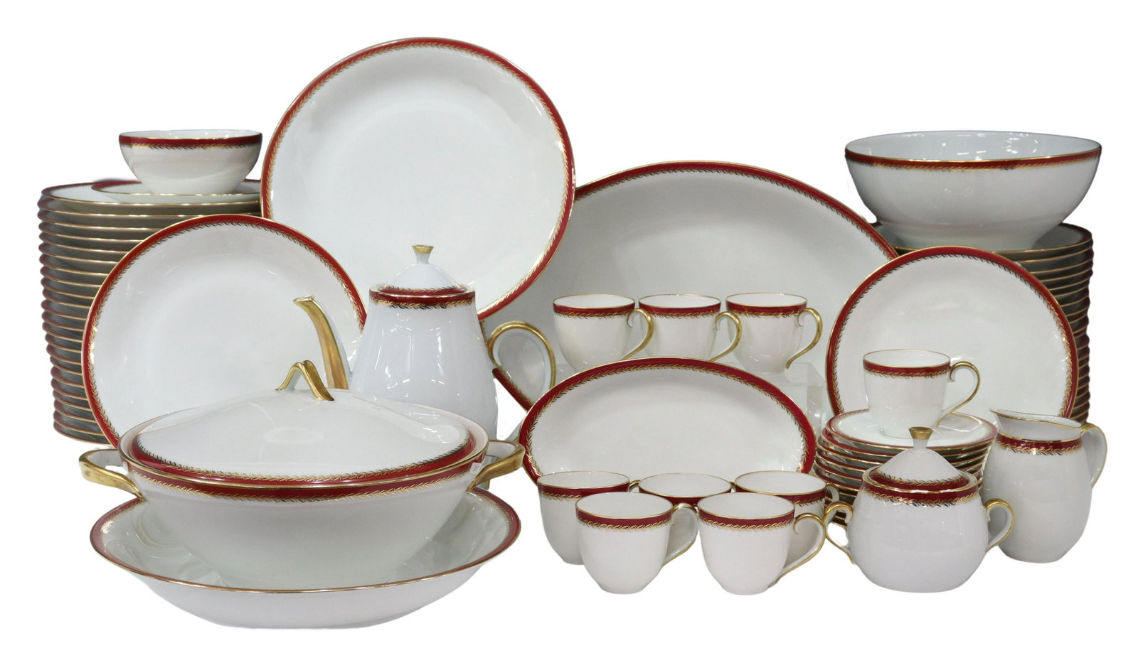 (75) FRENCH GEORGES BOYER LIMOGES DINNER SERVICE: (lot of 75) French Limoges porcelain dinner service, Georges Boyer, 20th c., with burgundy rim, gilt foliate border, including: (23) plates, 9.5"diam, (11) soup bowls, 8.75"diam, (11) salad plates, 8.