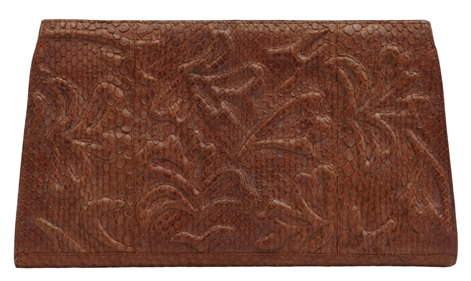 NANCY GONZALEZ BROWN PYTHON CLUTCH BAG: Nancy Gonzalez brown python clutch bag, magnetic top closure, gold-tone hardware, suede lining, with dual interior pockets, slight creasing, minor wear to exterior along bottom, light spotting to inte