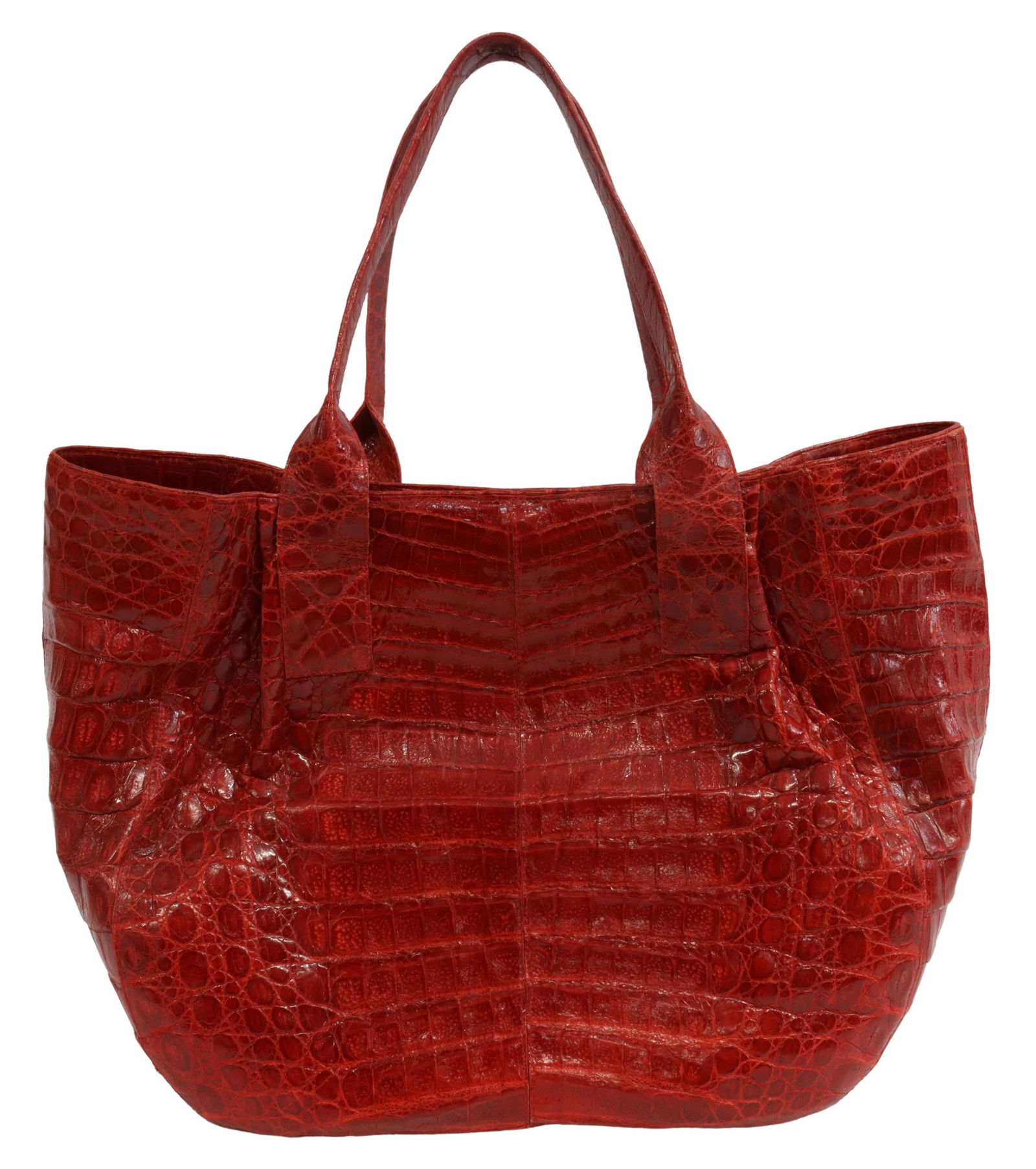 NANCY GONZALEZ GLAZED CROCODILE LARGE TOTE BAG: Nancy Gonzalez crocodile tote bag, in a red glaze, style number 00062660.A-02, with dual flat shoulder straps, magnetic top closure, light brown suede lining, dual zipper pockets and four open pouches