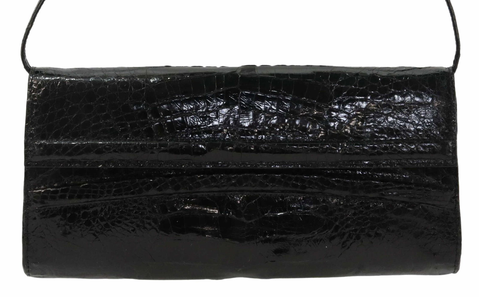 NANCY GONZALES BLACK CROCODILE FLAP CLUTCH: Nancy Gonzalez black crocodile flap clutch, with single removable shoulder strap, magnetic top closure, light purple suede lining, with single interior pocket, some light creasing, minor spotting to t