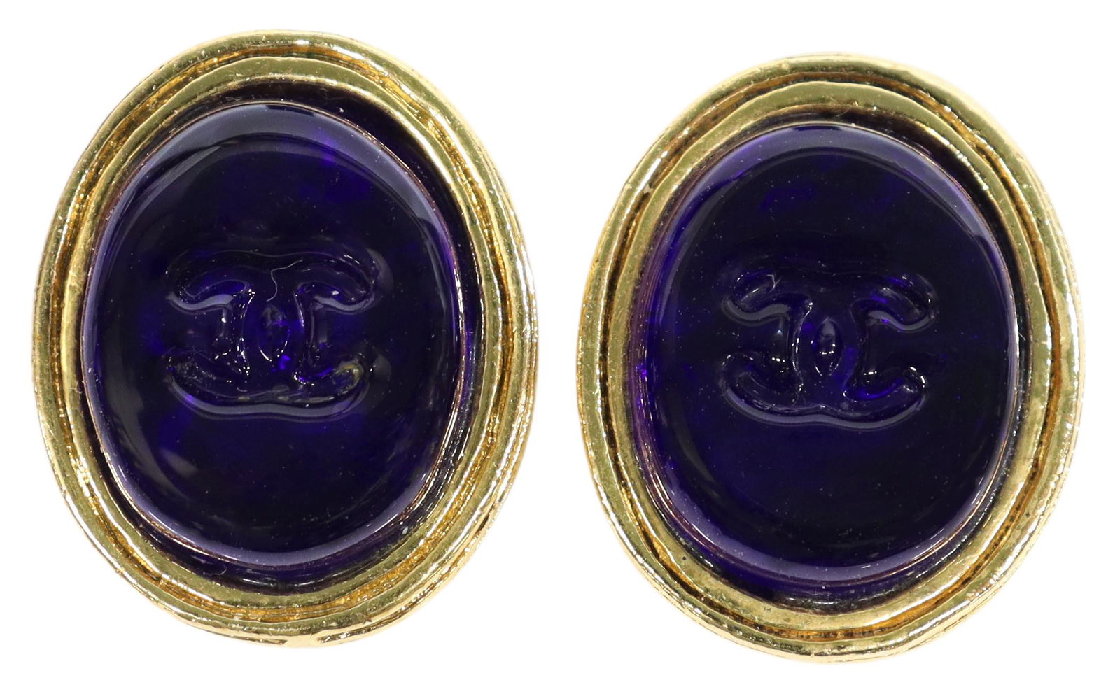 VINTAGE CHANEL CC LOGO BLUE GRIPOIX EARRINGS: Vintage Chanel gold-tone metal clip on earrings, CC logo at center on blue gripoix oval, accompanied by a branded box, light verde spotting to ear clasp, measurements for shipping purposes only - appr