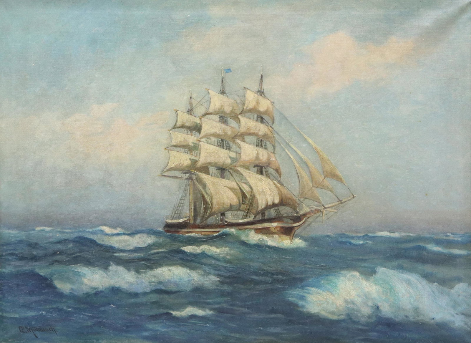 MUHLBACH FRAMED CLIPPER SHIP OIL PAINTING: Framed oil on canvas painting, Clipper Ship, signed lower left Muhlbach, sight: 25.5"h, 35"w, overall: 32.5"h, 42"w, 10.5lbs Start Price: $100.00