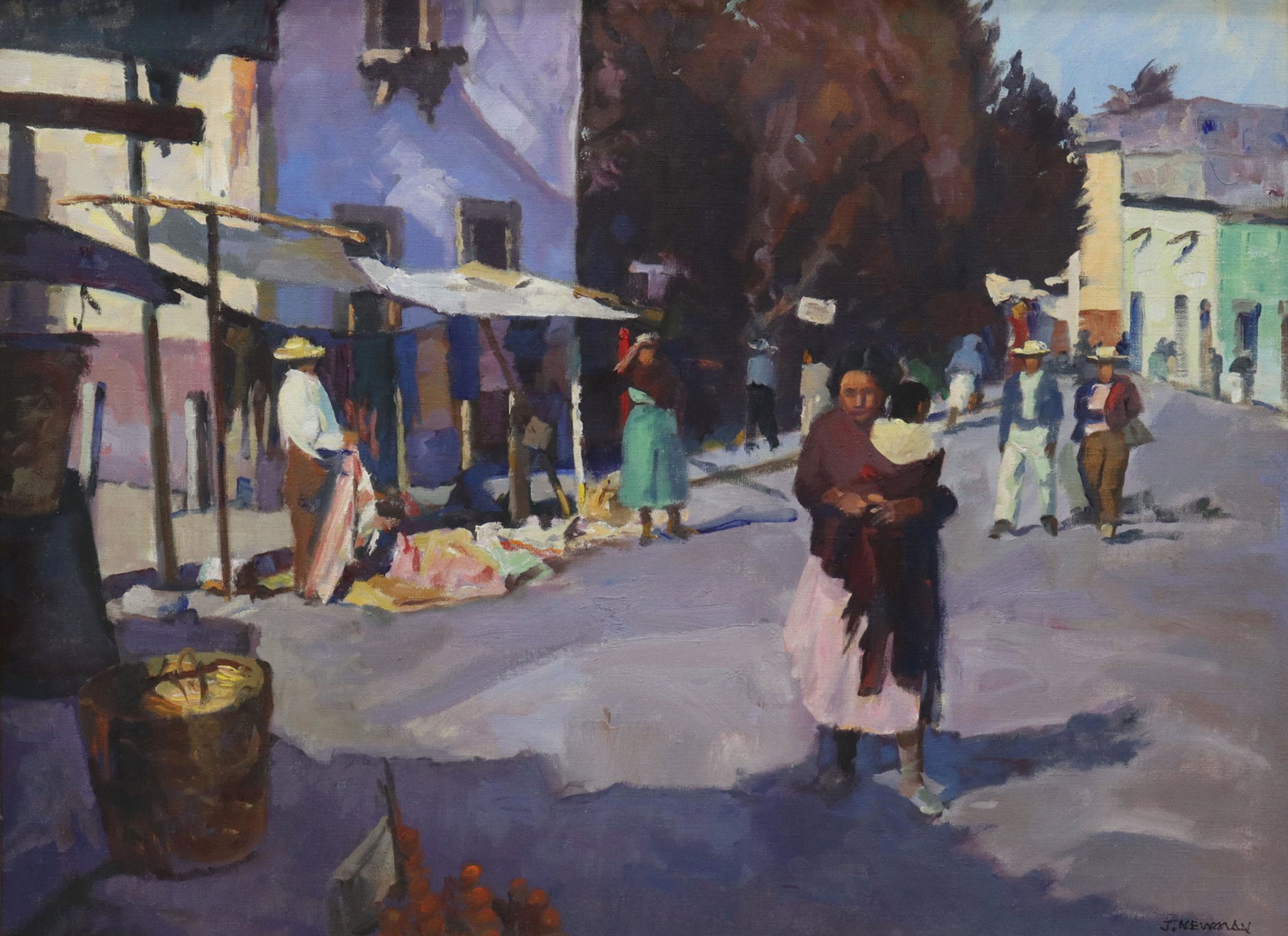 JOSEPH NEWMAN (1890-1979) MEXICO STREET SCENE: Framed oil on canvas painting, Mexico Street Scene, signed lower right J. Newman (Joseph Newman, New York, 1890-1979), stamped verso from artist's estate, sight: approx 17.5"h, 23.5"w, overall: approx