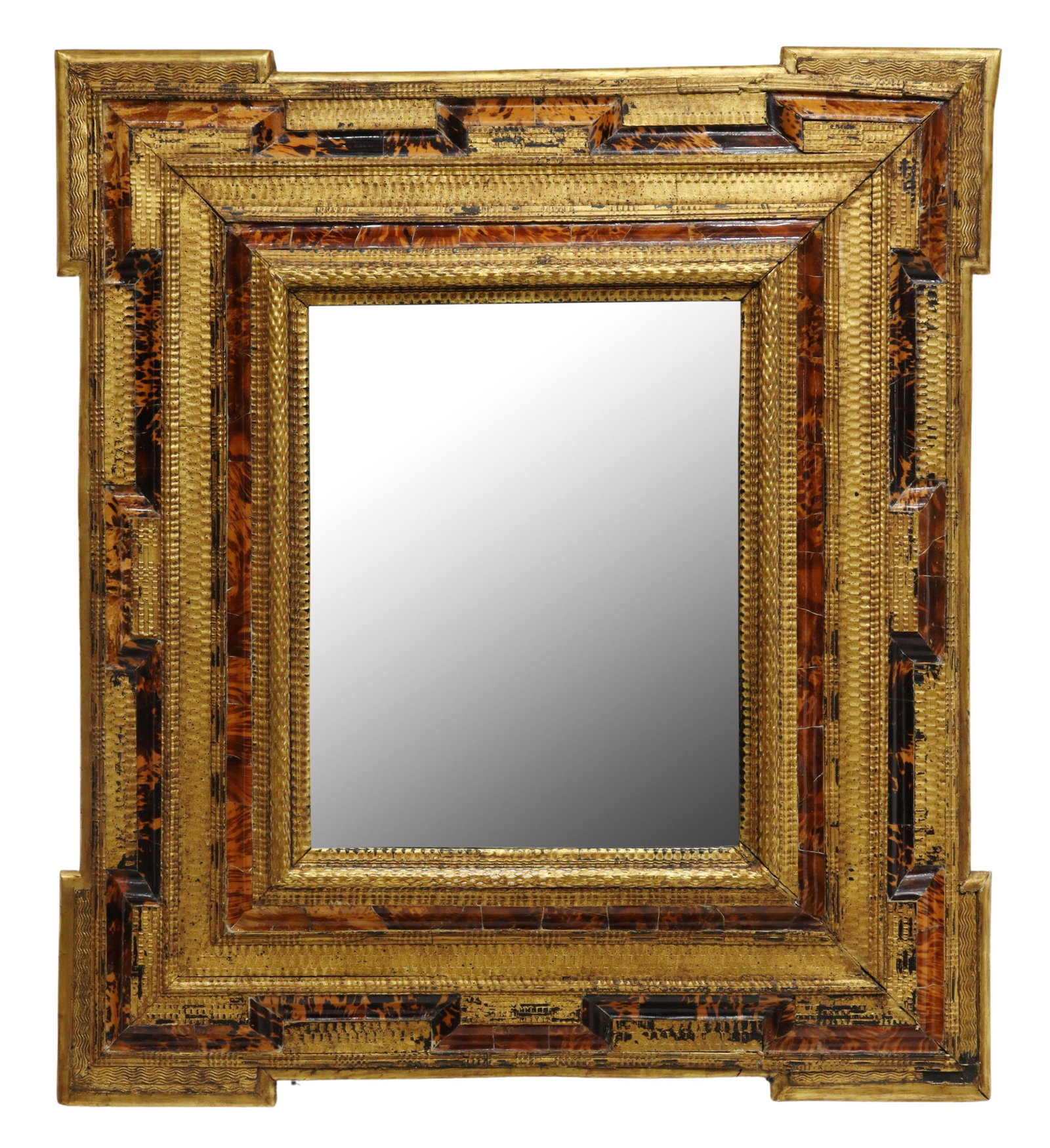 FLEMISH BAROQUE STYLE TORTOISE SHELL MIRROR: Baroque style wall mirror, likely Dutch or Flemish, stepped ripple-molded frame, with tortoise shell veneers, centering a flat mirror plate, later gilt finish, loss and restoration, approx 49.75"h, 44