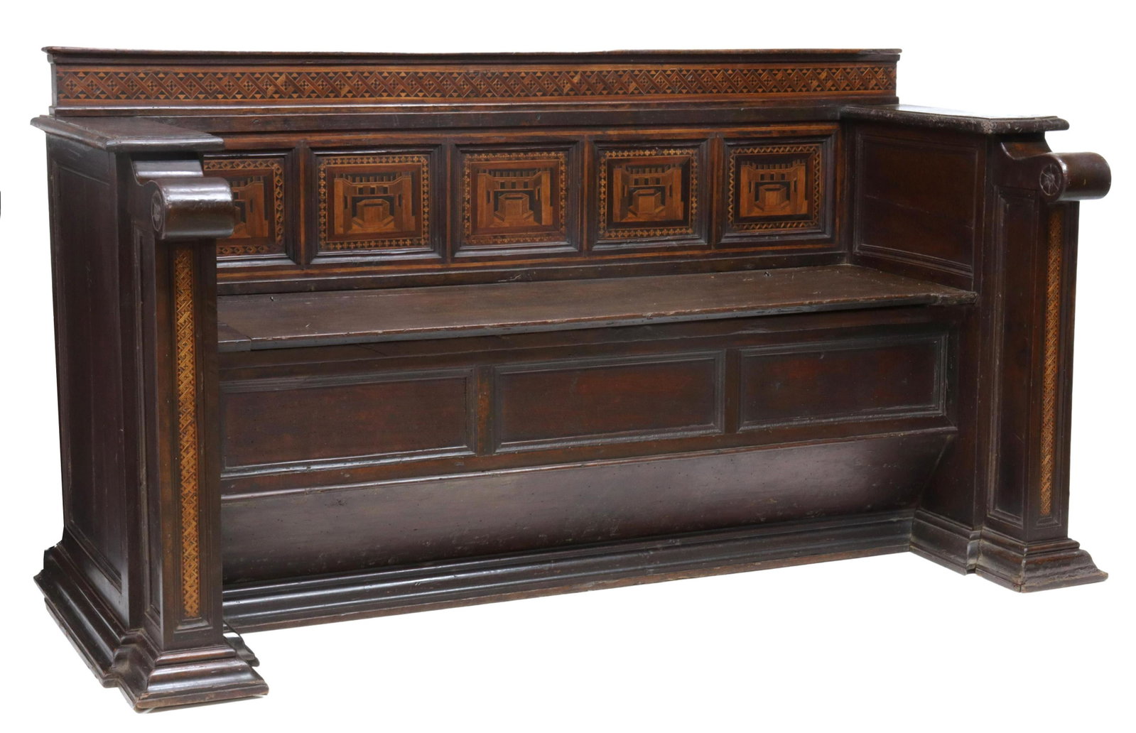 ITALIAN CARVED WALNUT PARQEUTRY HALL BENCH: Italian Baroque carved walnut hall bench, 18th c., having extensive parquetry inlay to the paneled back, solid uprights end in scrolled handholds, flank the lift top seat, opening to storage, all on a