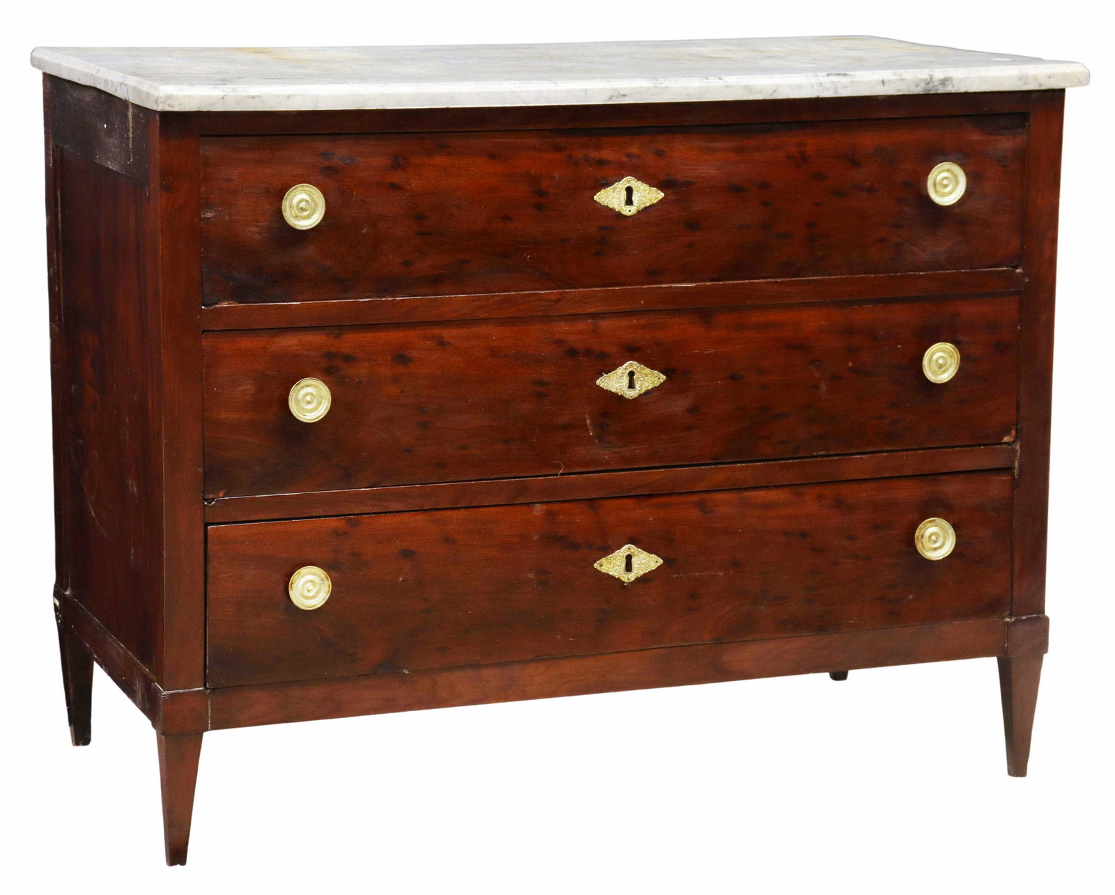 ITALIAN NEOCLASSICAL MARBLE-TOP 3-DRAWER COMMODE: Italian Neoclassical marble-top commode, 19th c., fitted with three drawers, rising on tapered square legs, bottom left pull recessed, separation at side panels, approx 35"h, 45"w, 21.75"d Start Price