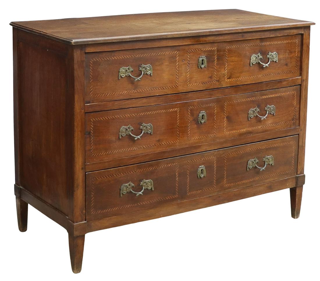 ANTIQUE ITALIAN NEOCLASSICAL INLAID COMMODE: Italian Neoclassical commode, 18th/ 19th c., three drawers with two-tone banded inlay, rising on square tapered legs, later hardware, approx 35.5"h, 46.25"w, 22"d Start Price: $800.00