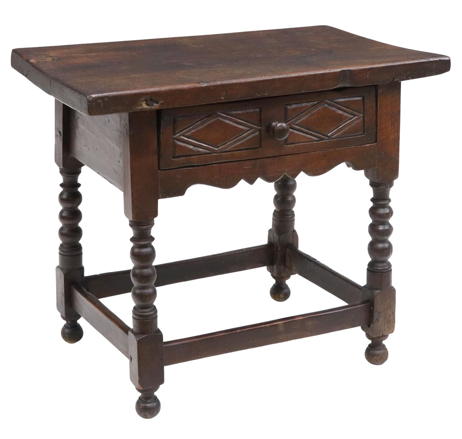 SPANISH BAROQUE SINGLE-BOARD TOP WORK TABLE: Spanish Baroque walnut work table, 18th c., single-board top, over frieze drawer with incised diamond pattern, rising on spool legs, joined by box stretcher, ending in turned feet, approx 26"h, 31.25"