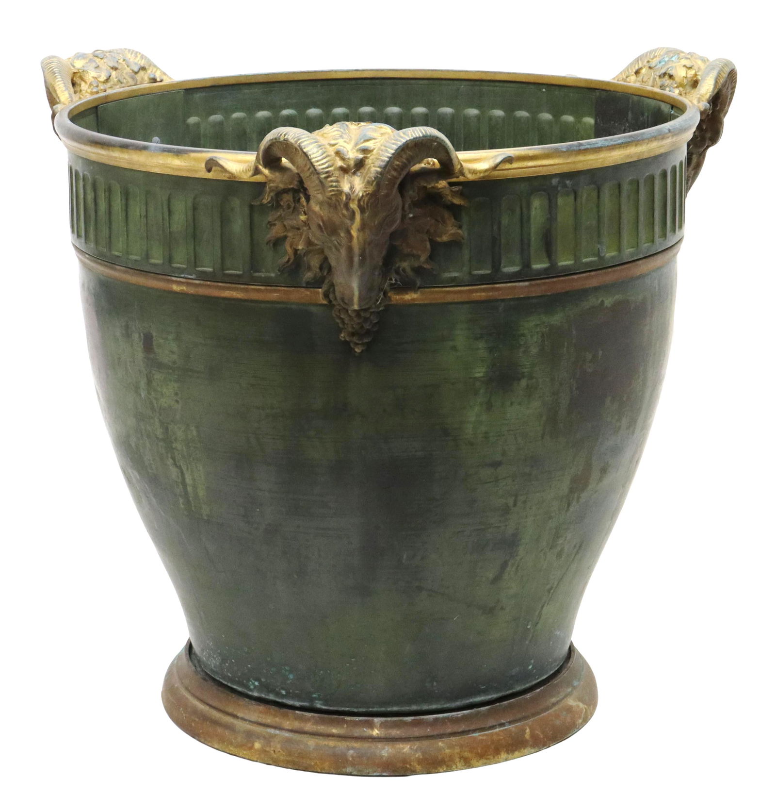 CHRISTOFLE ET CIE ORFEVRES BRONZE & COPPER JARDINIERE: Large French ormolu-mounted copper jardiniere, Christofle Et Cie Orfevres, Paris, late 19th c, three mounted bronze rams heads, copper body, pierced base, on a signed and numbered removable foot, evid