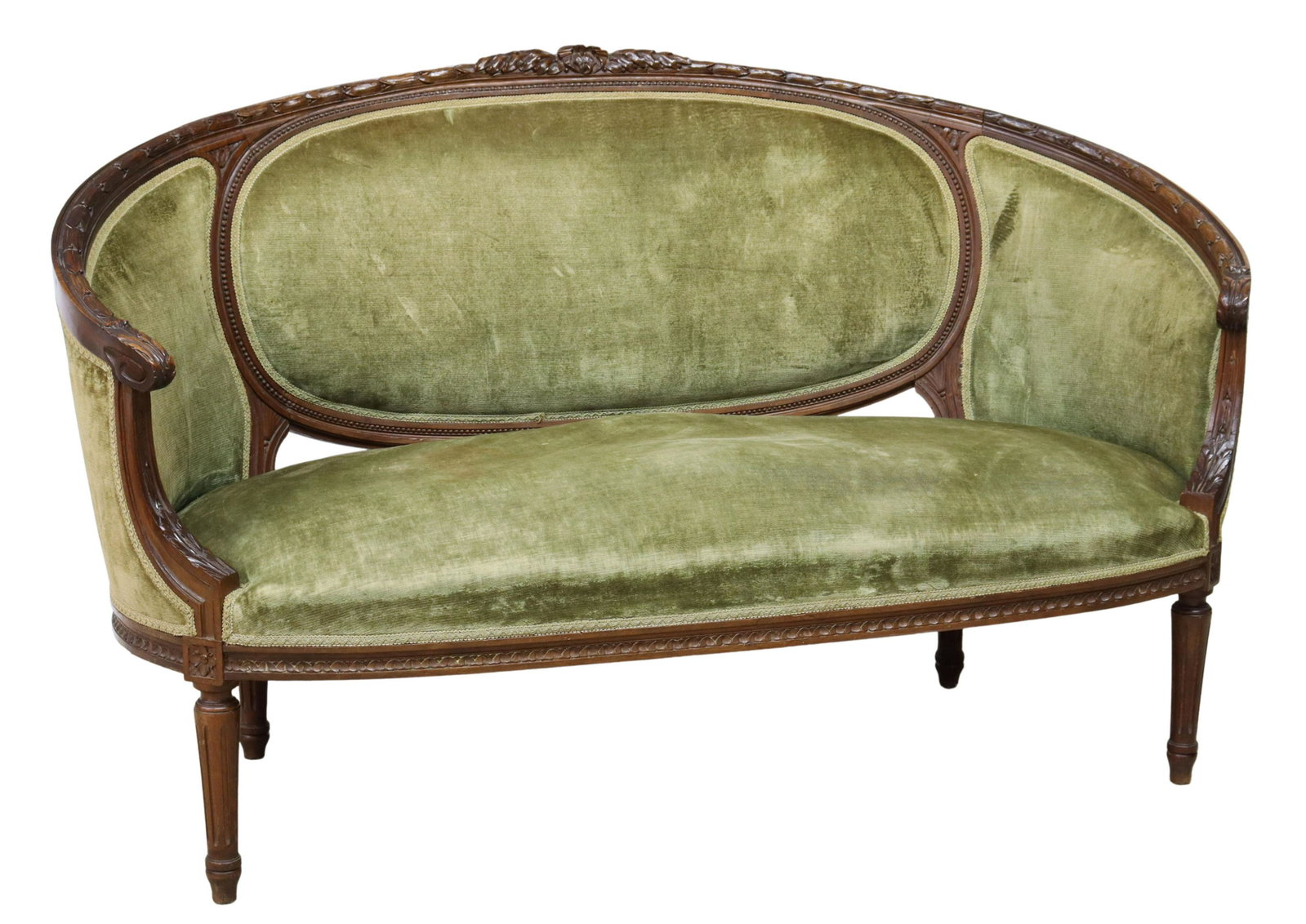 FRENCH LOUIS XVI STYLE FINELY CARVED CANAPE SETTEE: French Louis XVI style settee/ sofa, early 20th c., walnut frame carved with ribbon crest and running floral ornamentation, continuous arms having acanthus handholds and supports, enclosing padded ova