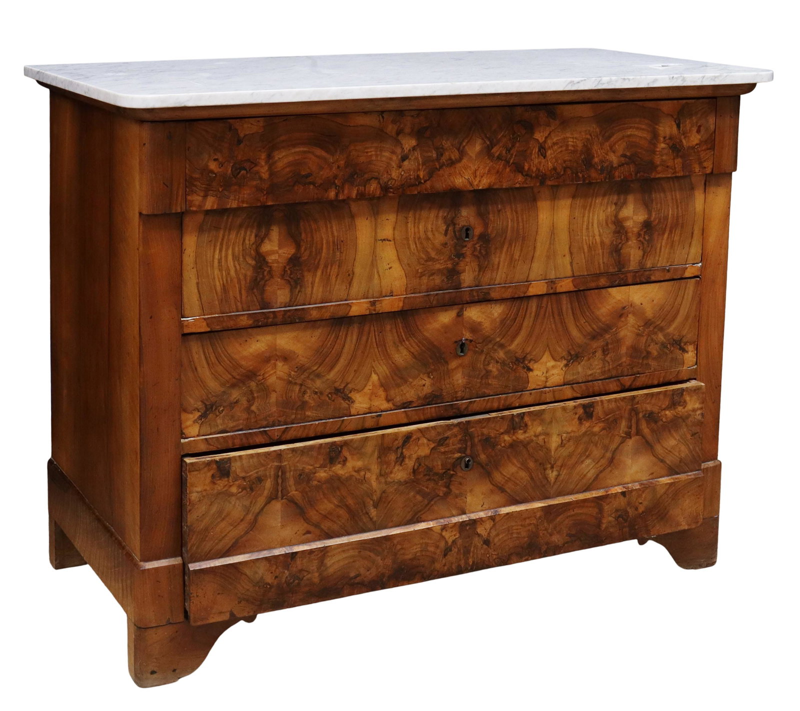 FRENCH CHARLES X STYLE MARBLE-TOP COMMODE: French Charles X style walnut commode, 20th c., the marble top over four burl-faced drawers, all rising on bracket feet, approx 38"h, 47"w, 22.5"d Start Price: $450.00