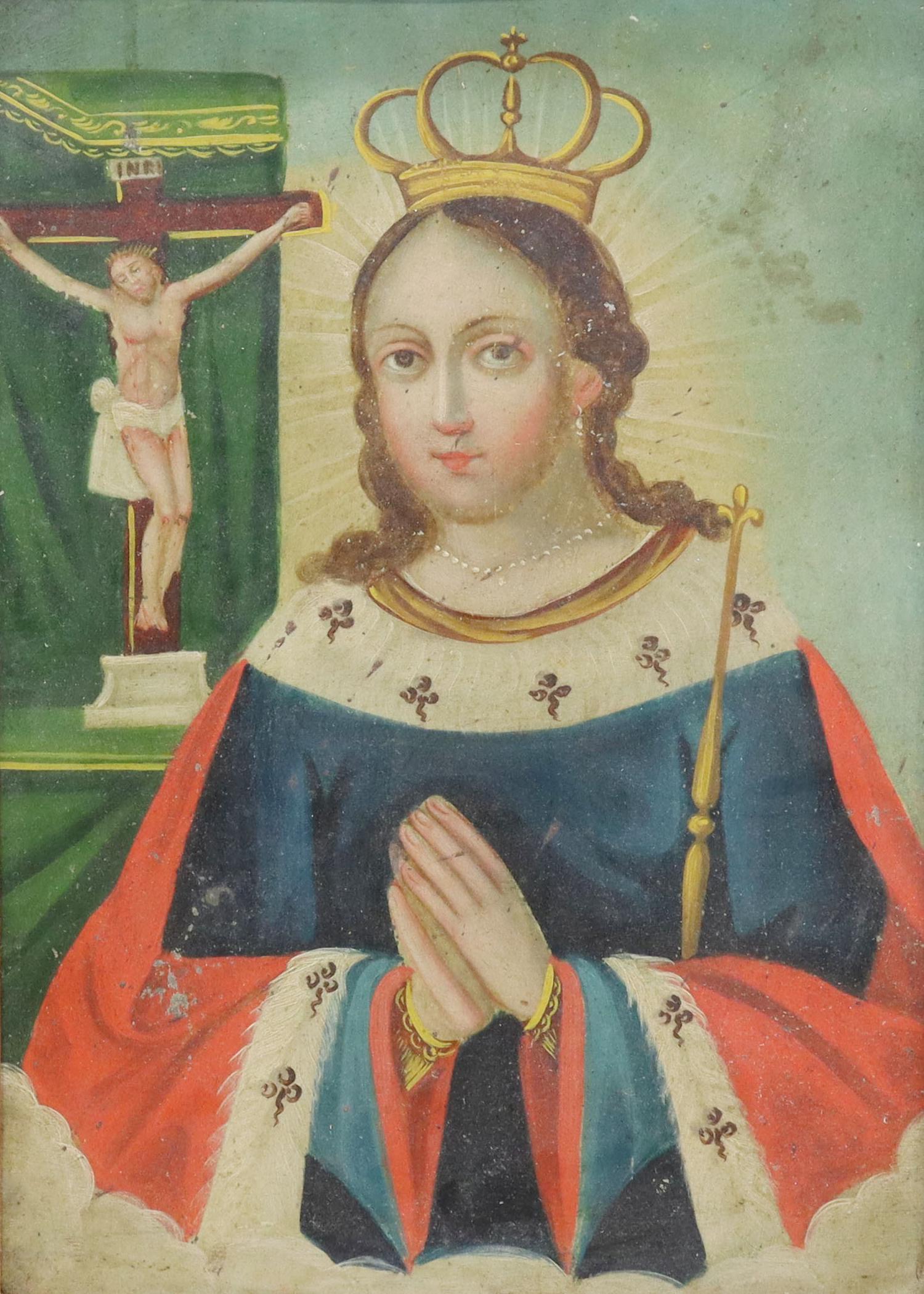 OIL ON TIN RETABLO, SAINT HELENA, MEXICO: Framed oil on tin retablo, Mexico, Santa Elena (Saint Helena), depicted in a red cape trimmed with white fur over a blue gown, golden crown and scepter, hands clasped in prayer in devotion to the cruc