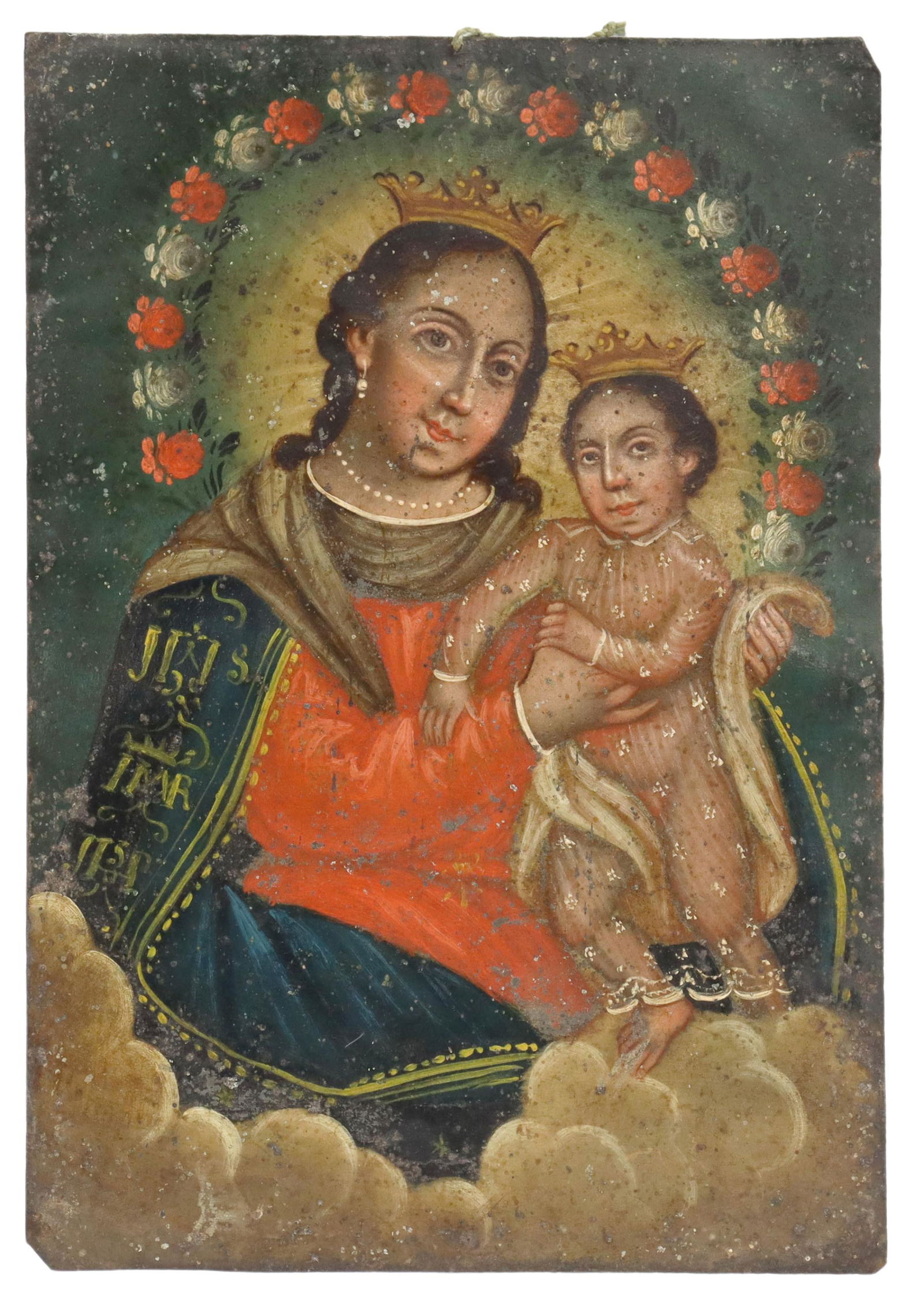 OIL ON TIN RETABLO, OUR LADY OF REFUGE, MEXICO: Unframed oil on tin retablo, Mexico, Nuestra Senora del Refugio (Our Lady Refuge of Sinners), depicting crowned Madonna and Christ Child, enthroned above clouds, overall: approx 10"h, 7"w, 0.25lbs Sta