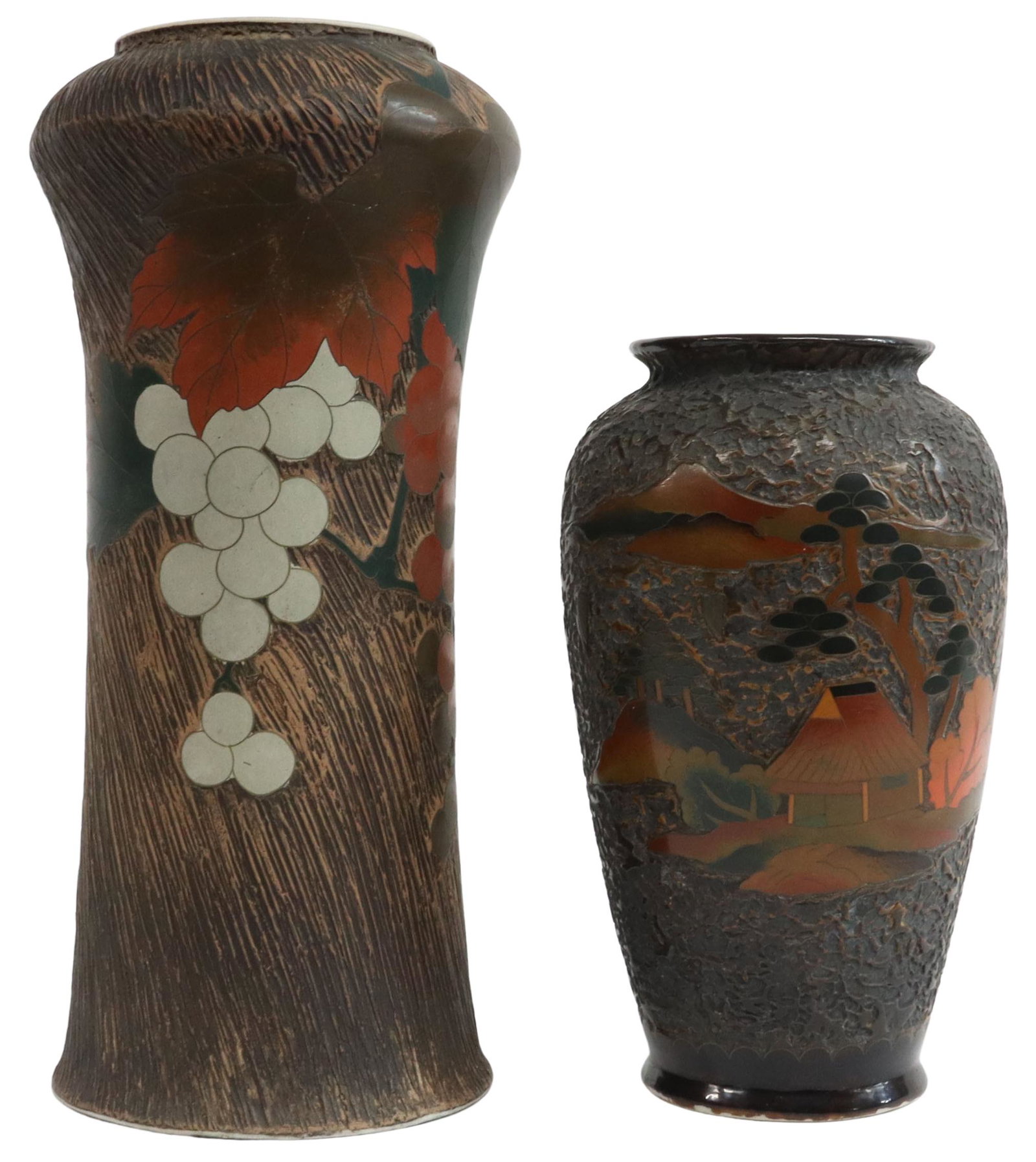 (2) JAPANESE MEIJI TOTAI SHIPPO CLOISONNE VASES: (lot of 2) Japanese cloisonne decorated porcelain (totai shippo) vases, Meiji period (1868-1912), including: (1) with grapevines against a tree bark textured ground, approx 8.5"h, 3.75"diam, (1) villa