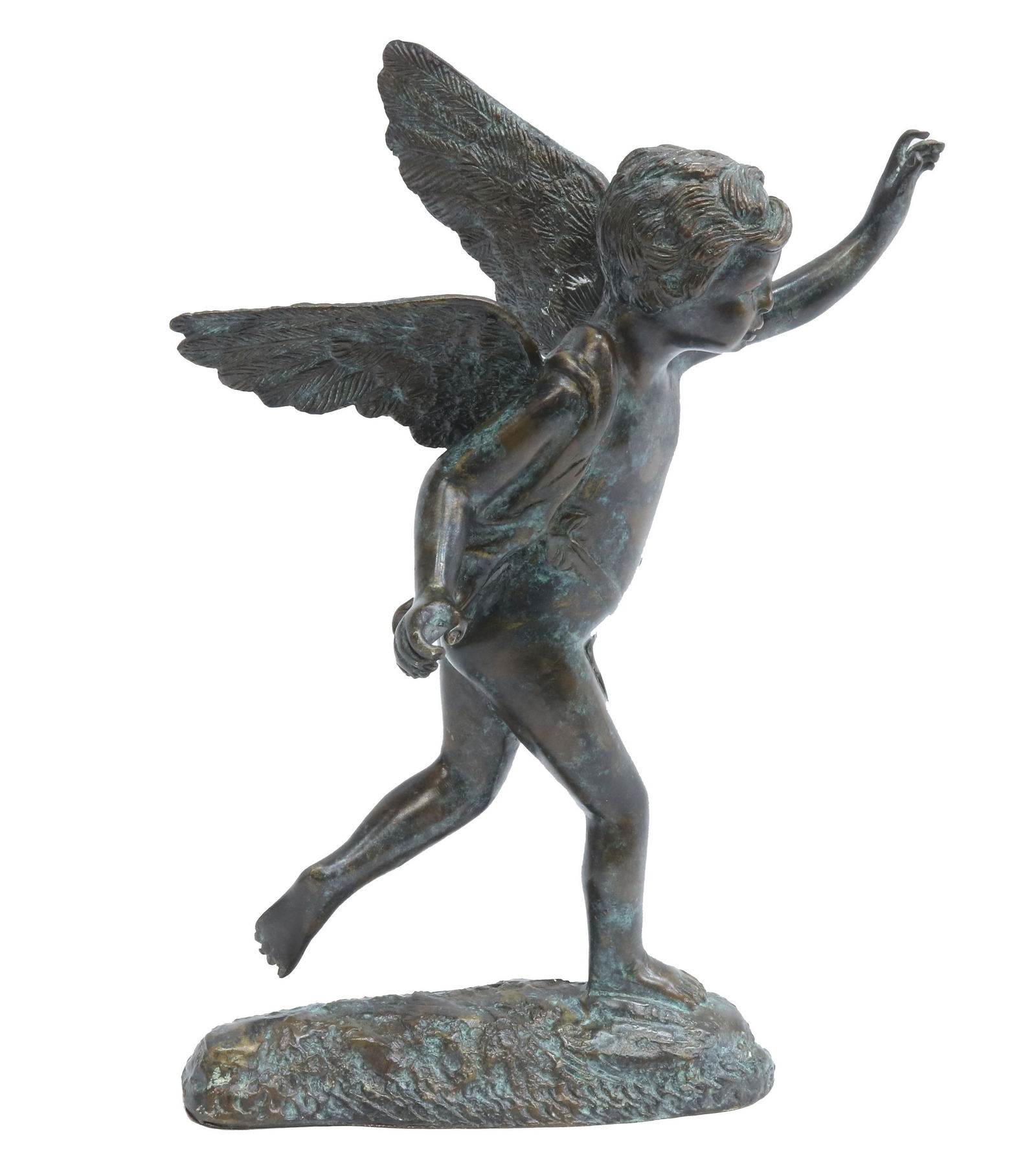 MAITLAND-SMITH (ATTRIB.) BRONZE CHERUB SCULPTURE: Patinated bronze sculpture, attributed to Maitland-Smith, late 20th c., winged cherub standing on one foot with hand stretched upward, rising on naturalistic base, approx 10.75"h, 6.75"w, 3"d, 3.5lbs
