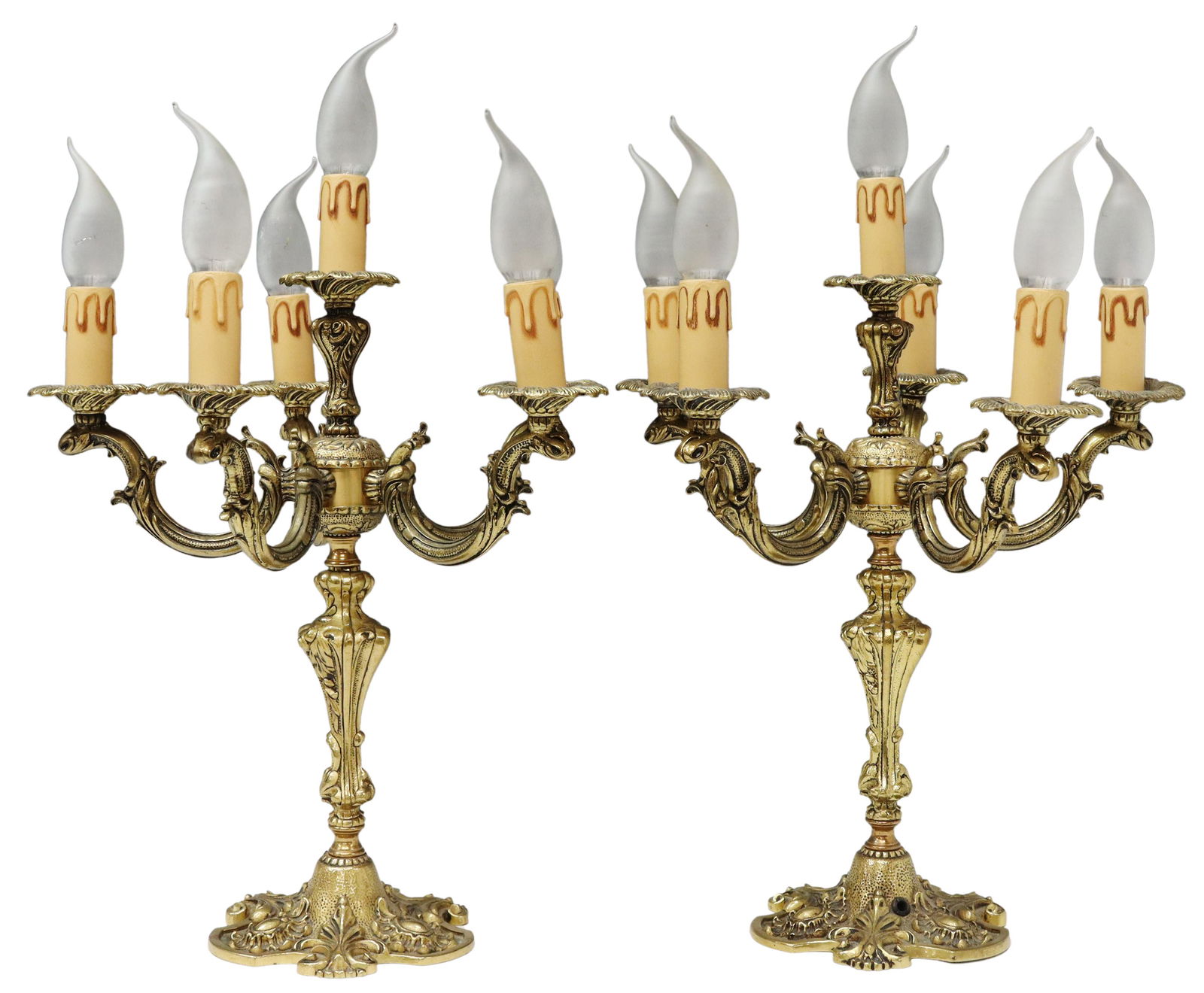 (2) FRENCH LOUIS XV STYLE 6-LT BRONZE CANDELABRA: (pair) French Louis XV style bronze candelabra, early 20th c., five foliate arms radiate from central column, terminating in floral bobeches with faux candle covers, rising on shaped base with rocaill