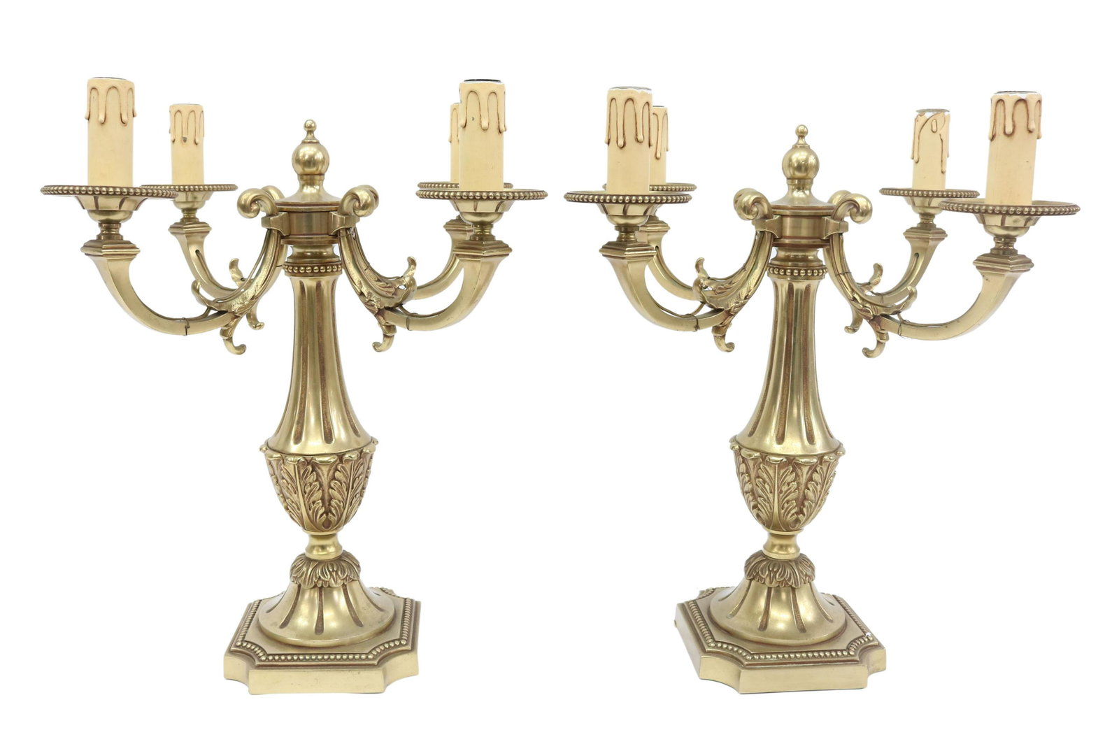 (2) FRENCH LOUIS XVI STYLE BRONZE 4-LT CANDELABRA: (pair) French Louis XVI style bronze candelabra, mid 20th c., fluted standard issuing four scrolled arms, each ending in beaded bobeche and faux candle, rising on a square base, in need of wiring, app