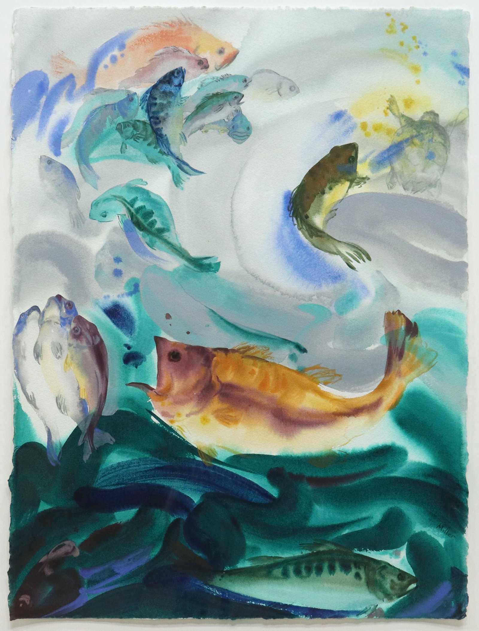 MELISSA MILLER (TEXAS, B.1951) FISH W/C PAINTING: Framed watercolor painting on paper, Fish, signed lower right Miller (Melissa Miller, Texas, b.1951), dated 1996, sight: approx 30"h, 22.5"w, overall: approx 36.5"h, 28.5"w, 13lbs Start Price: $300.00