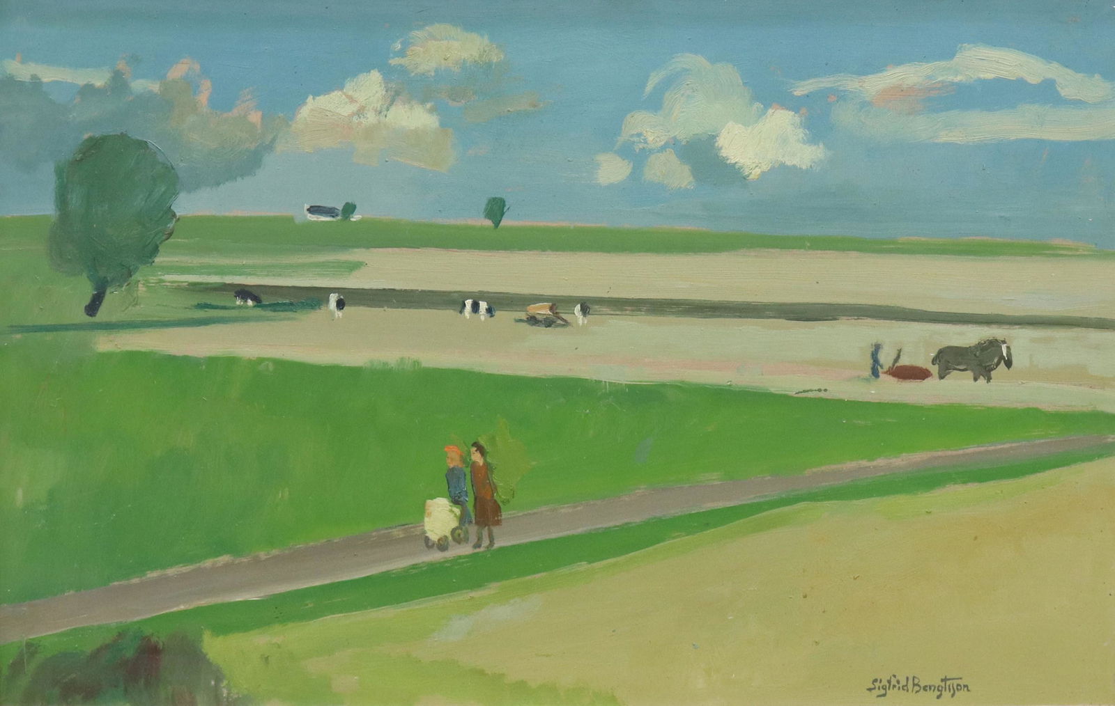 SIGFRID BENGTSSON (1898-1985) FARM LANDSCAPE: Framed oil on Masonite painting, "Hostlandskap," signed lower right Sigfrid Bengtsson (Swedish, 1898-1985), titled and dated 1954 verso, sight: 17.5"h, 27.75"w, overall: 23.25"h, 33.5"w, 7lbs Start Pr