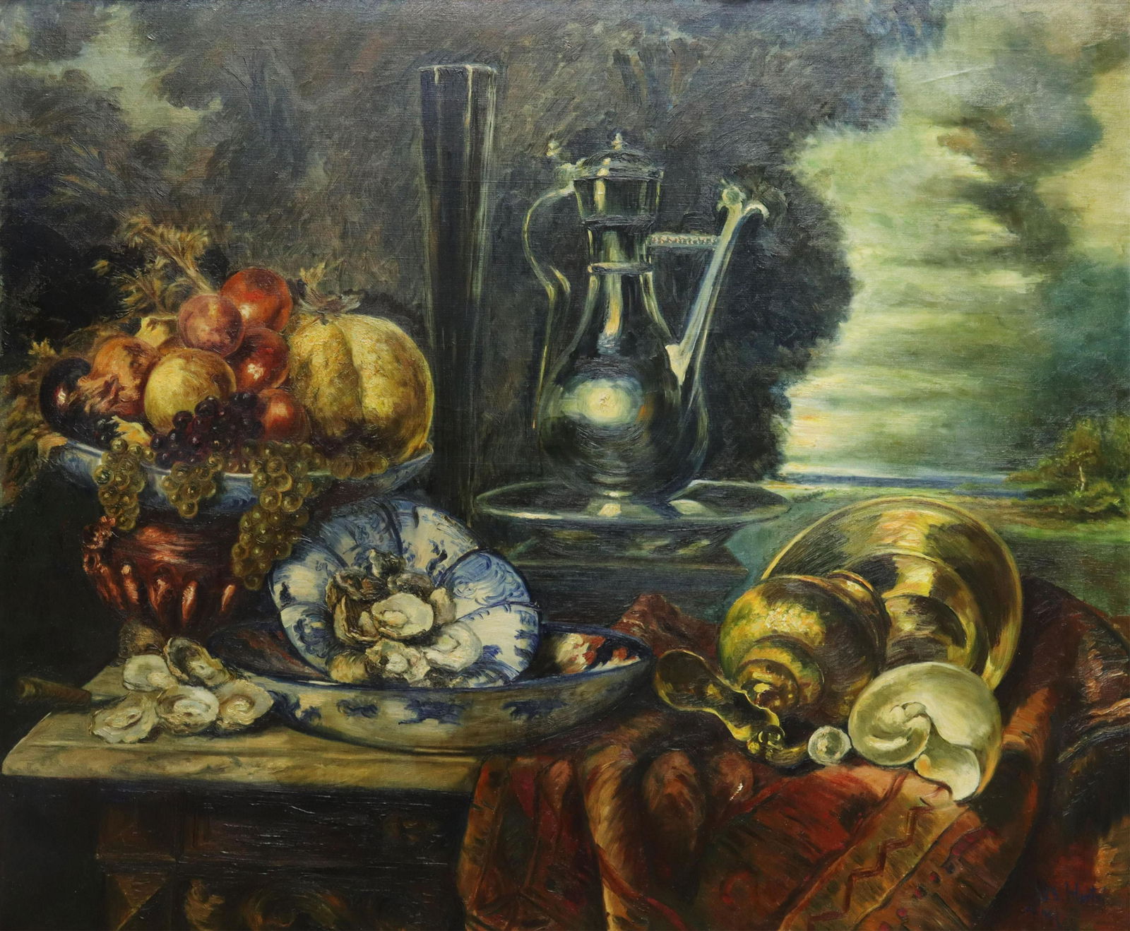 ALBERT HERTEL (1843-1912) BAROQUE STYLE STILL LIFE: Framed oil on canvas painting, Baroque style Still Life, signed lower right Alb. Hertel (Albert Hertel, German, 1843-1912), sight: 38.5"h, 46.25"w, overall: 44.5"h, 52.5"w, 16.5lbs Start Price: $150.0