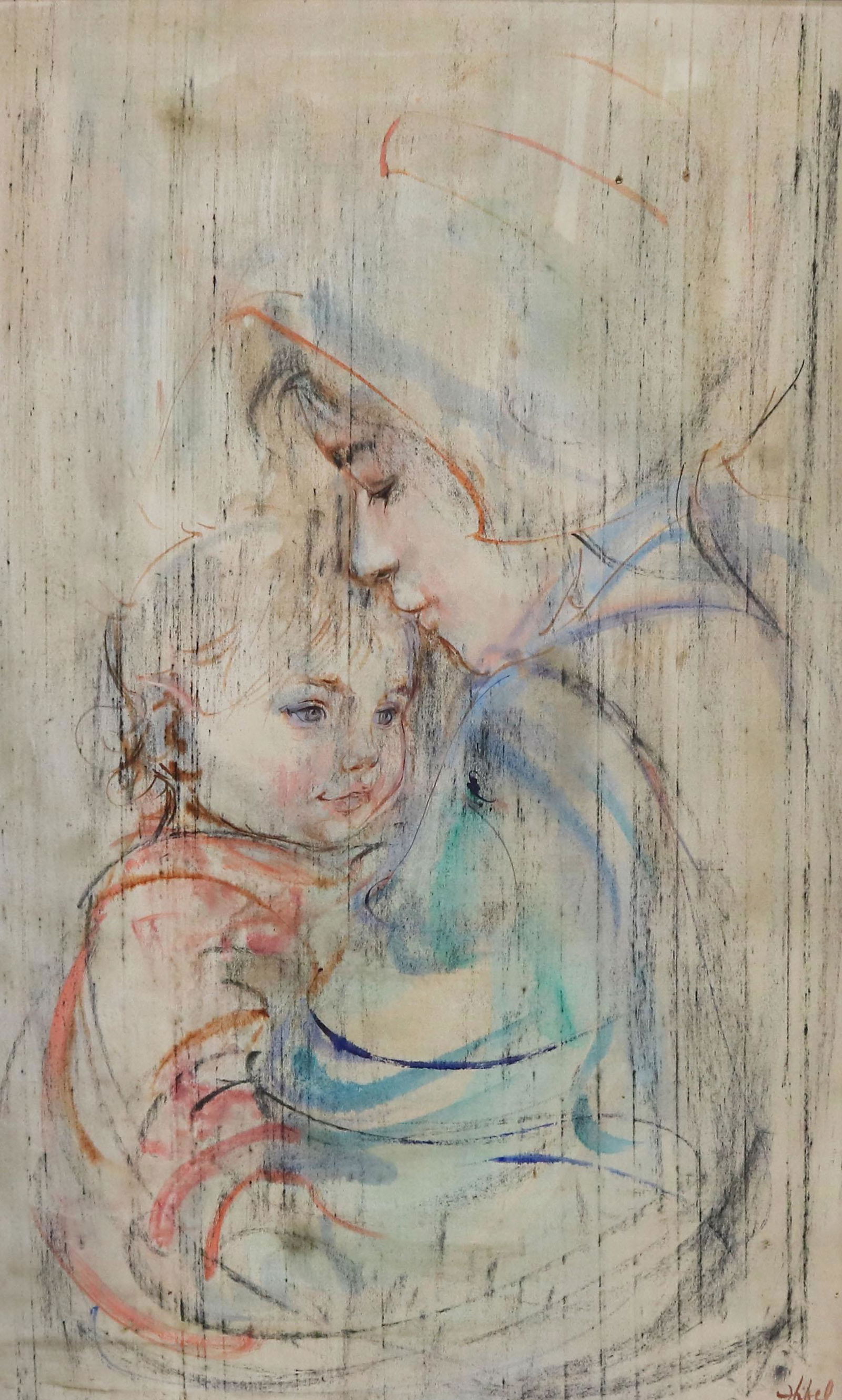 EDNA HIBEL PLOTKIN (1917-2015) MOTHER & CHILD: Framed mixed media painting on textile mounted to Masonite, Mother and Child, signed lower right Hibel (Edna Hibel Plotkin, American, 1917-2015), sight: 28.5"h, 17.5"w, overall: 36.5"h, 25.5"w, 8.75lb
