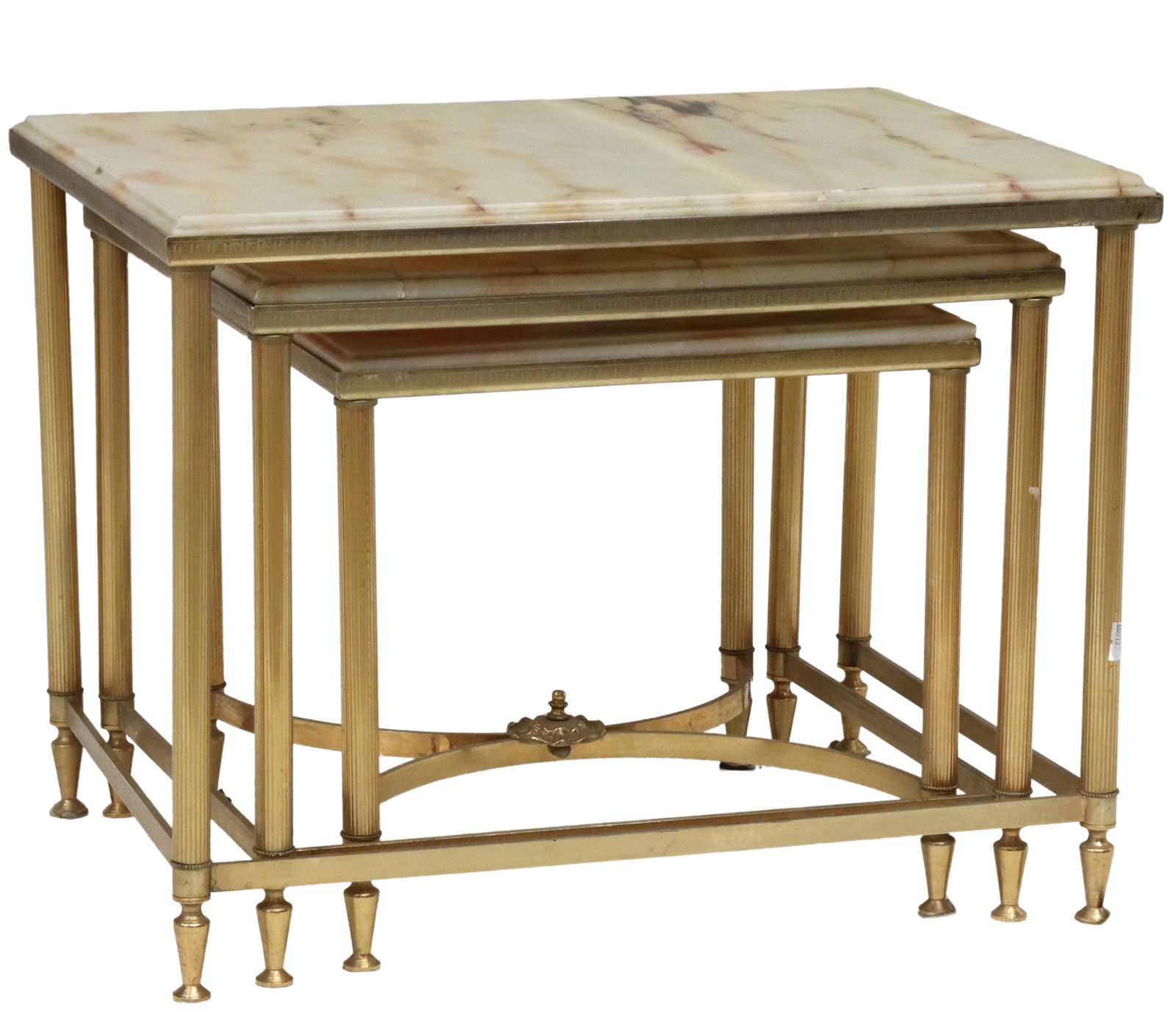 (3) FRENCH LOUIS XVI STYLE ONYX-TOP NESTING TABLES: (lot of 3) French Louis XVI style nesting tables, 20th c., each having an onyx top, gilt metal frame, rising on stretcher-joined fluted legs, middle table with restoration to top, largest: approx 16.2