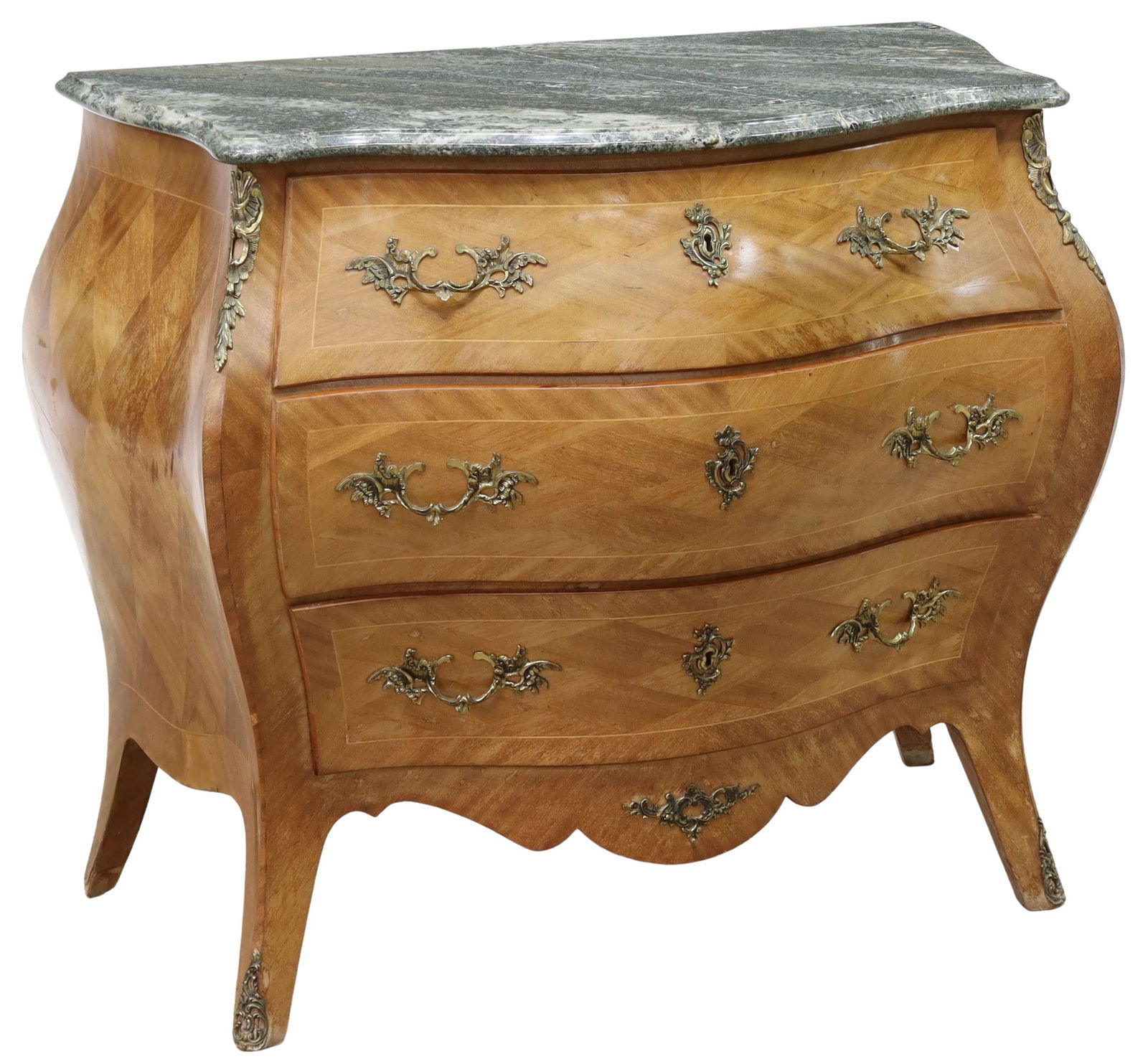 FRENCH STYLE MARBLE-TOP BOMBE COMMODE: French style bombe commode, early 20th c., having shaped marble top, over parquetry case fitted with three drawers, accented with foliate metal mounts, rising on French bracket feet, restoration to ma