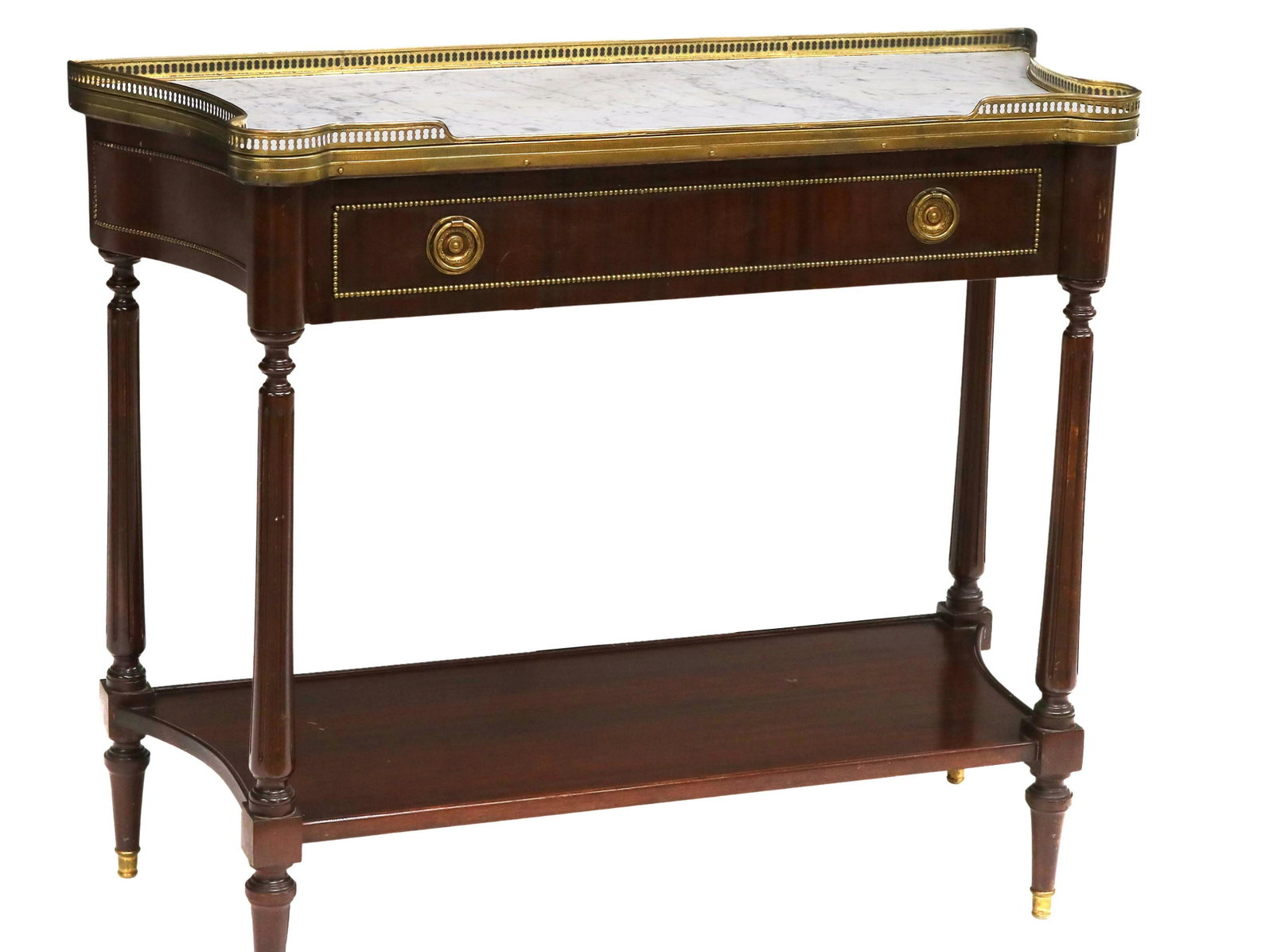 LOUIS XVI STYLE MARBLE-TOP MAHOGANY CONSOLE TABLE: French Louis XVI style marble-top mahogany console table, early 20th c., pierced gilt metal gallery over shaped marble top, single frieze drawer with beaded trim, fluted supports joined by medial shel