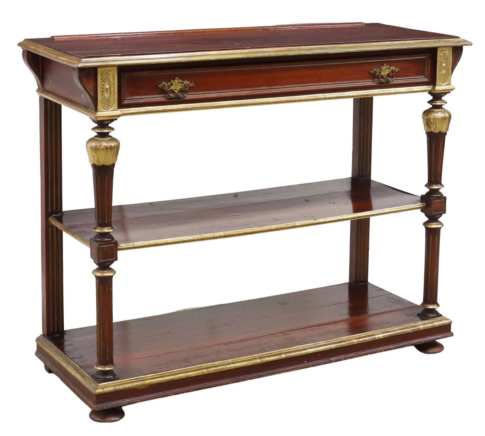 ITALIAN NEOCLASSICAL PARCEL GILT HALL TABLE: Italian Neoclassical console table/ server, 19th c., rectangular top with parcel gilt molded edge, single frieze drawer, turned and fluted vertical supports, two tiers of open shelves, rising on bun f
