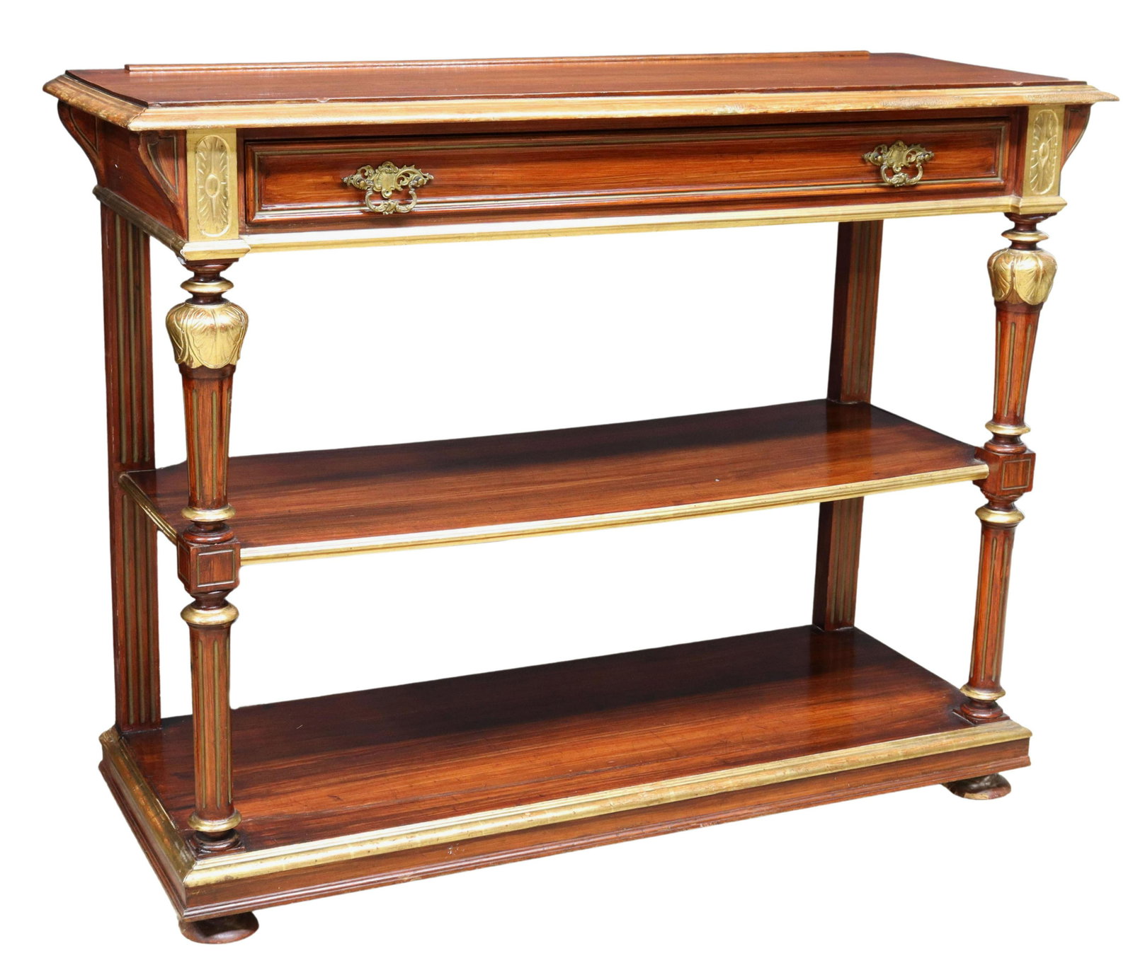 ITALIAN NEOCLASSICAL PARCEL GILT HALL TABLE: Italian Neoclassical console table/ server, 19th c., rectangular top with parcel gilt molded edge, single frieze drawer, turned and fluted vertical supports, two tiers of open shelves, rising on bun f