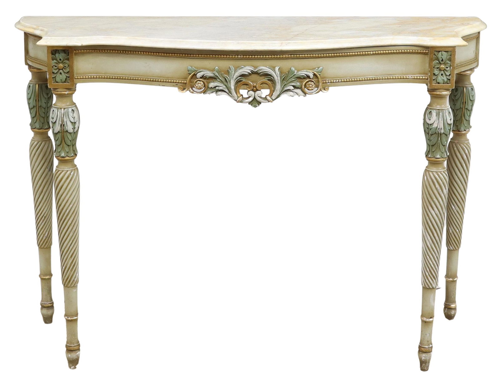 LOUIS XVI STYLE PAINT DECORATED CONSOLE TABLE: Louis XVI style parcel gilt and paint decorated console table, 20th c., shaped stone top, over conforming apron with foliates, beaded molding, rising on spiral tapered legs, approx 33.25"h, 48.25"w, 1